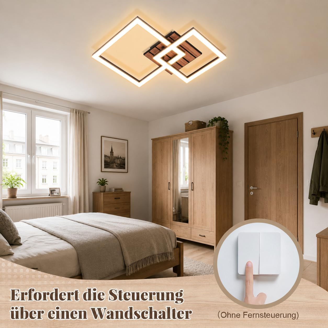 Modernes Schlafzimmer mit Holzmöbeln, Bett, Schrank und einer Deckenleuchte.