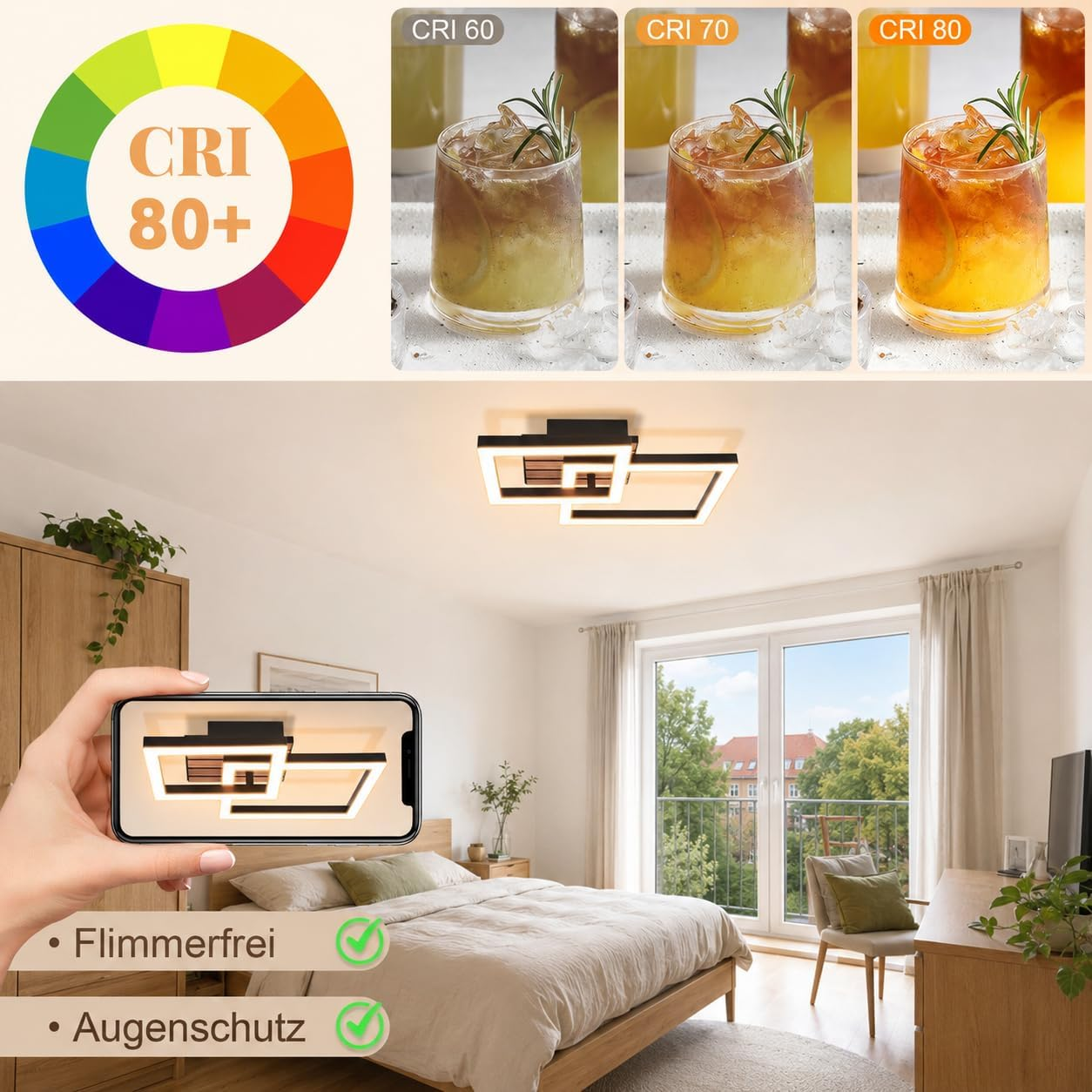 Farbrad, Getränke mit Eis und ein modernes Schlafzimmer mit Deckenleuchte.