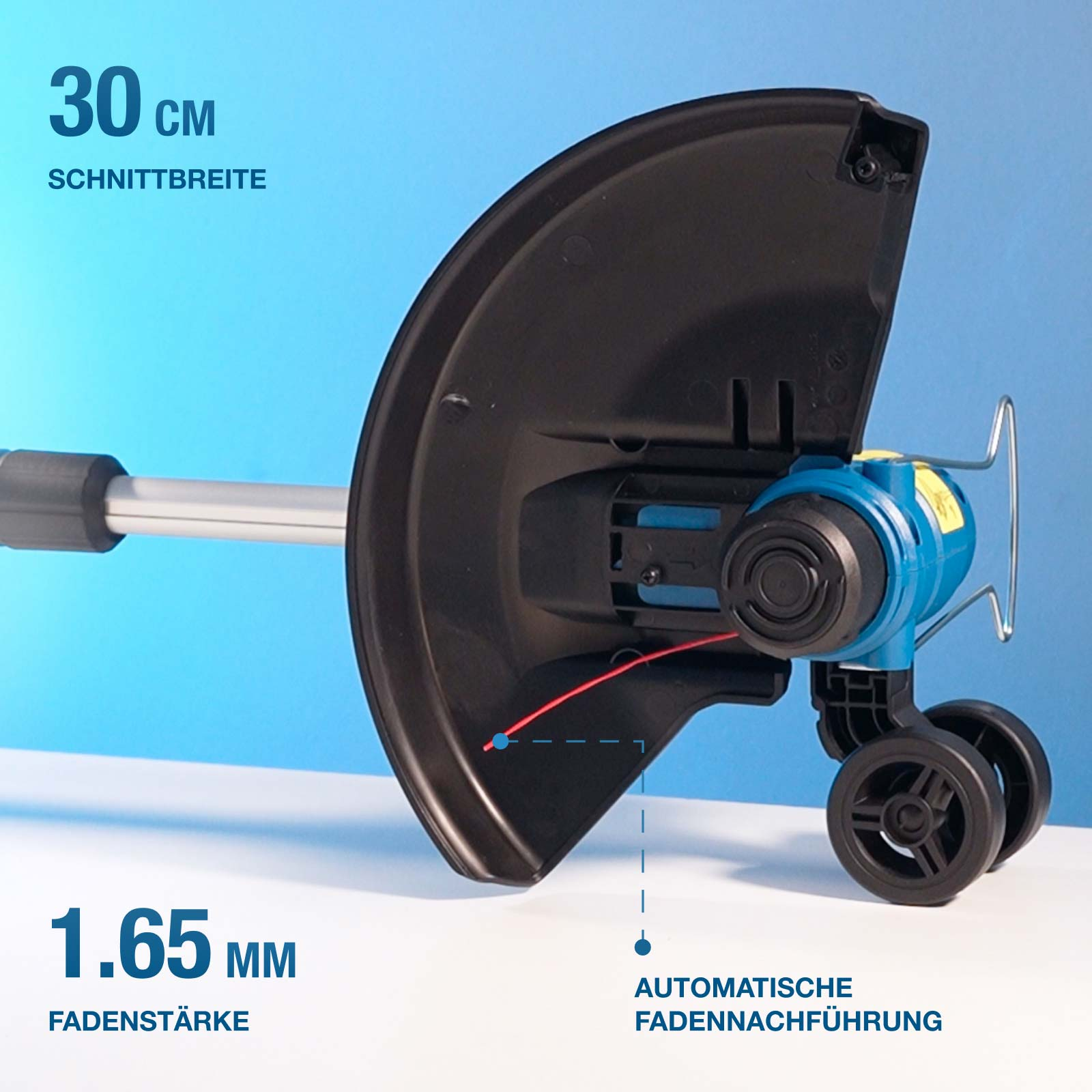 Ein Rasentrimmer mit 30 cm Schnittbreite und 1,65 mm Fadendicke.