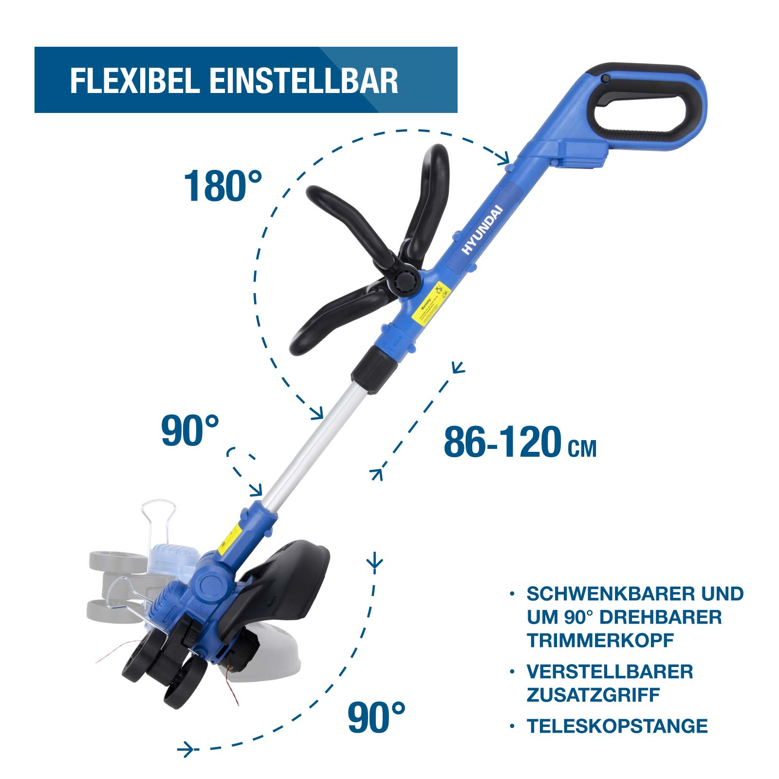 Blauer, flexibler Rasentrimmer mit einstellbarer Länge und 180°/90° Drehung.