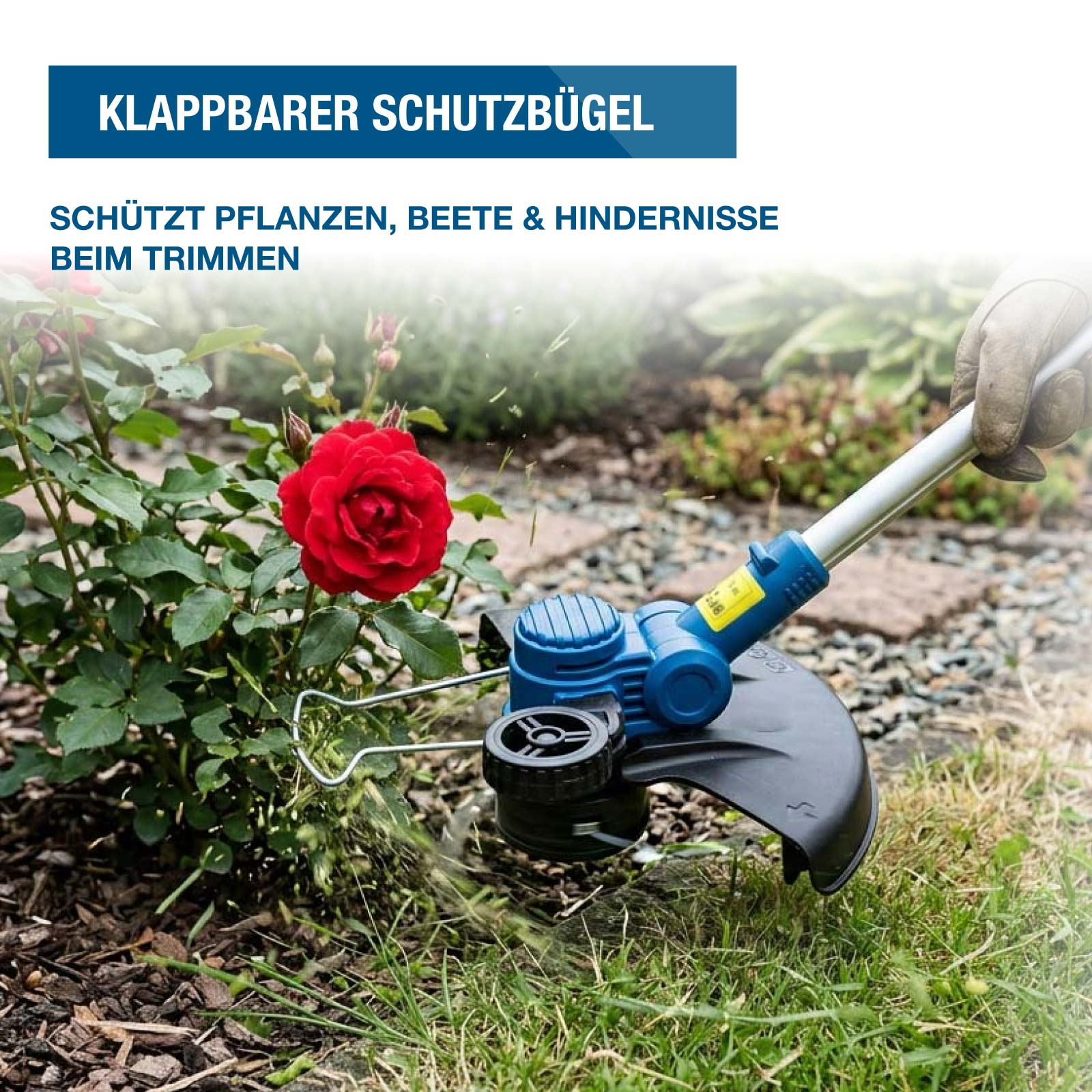 Ein Rasentrimmer mit klappbarem Schutzbügel mäht Gras neben einer roten Rose.