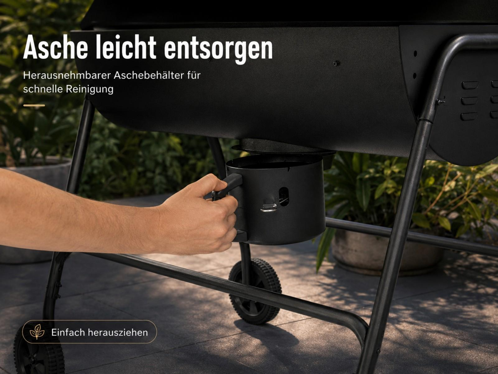 Ein Mann zieht einen Aschebehälter aus einem Grill. Einfache Entsorgung.