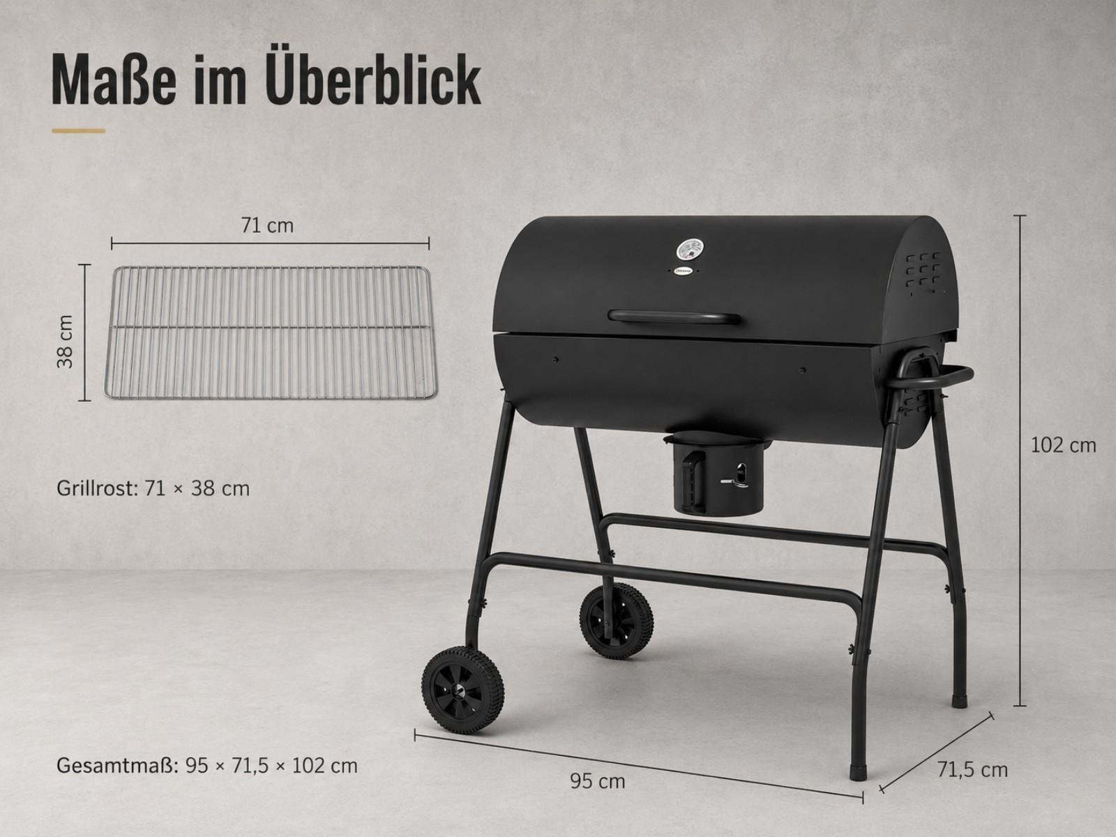 Schwarzer Grill mit Maßen: Grillrost 71x38cm, Gesamt 95x71.5x102cm.