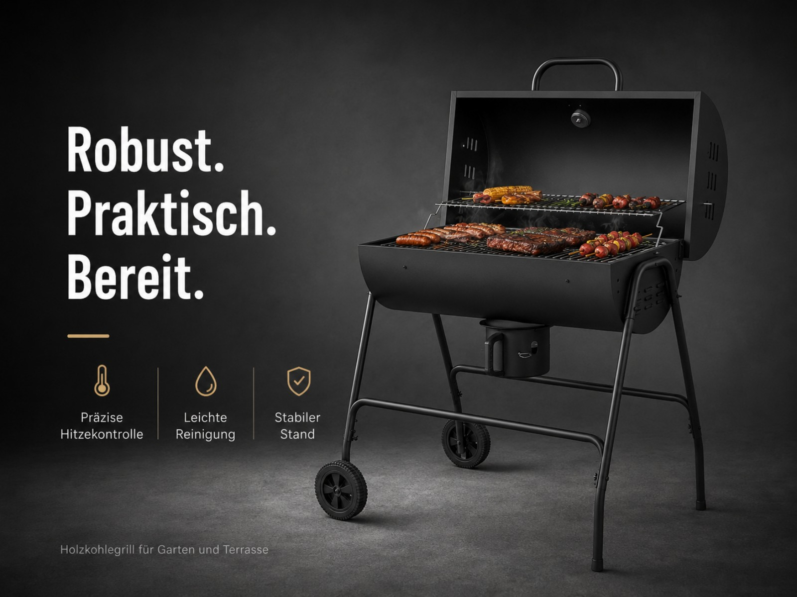 Ein schwarzer Holzkohlegrill mit Gargut auf den Rosten, vor dunklem Hintergrund.