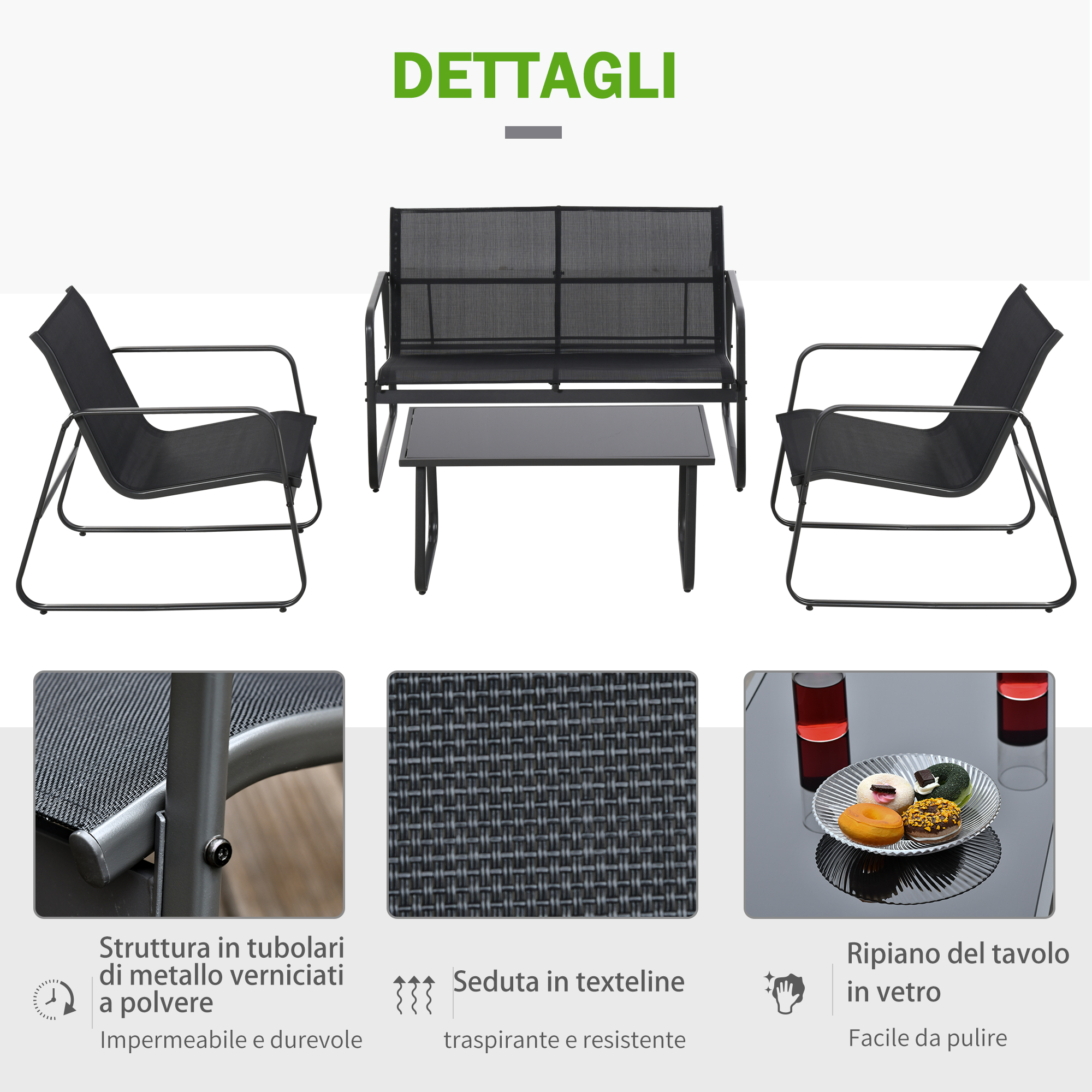 Un set di mobili da esterno neri con panchina, poltrona e tavolo.