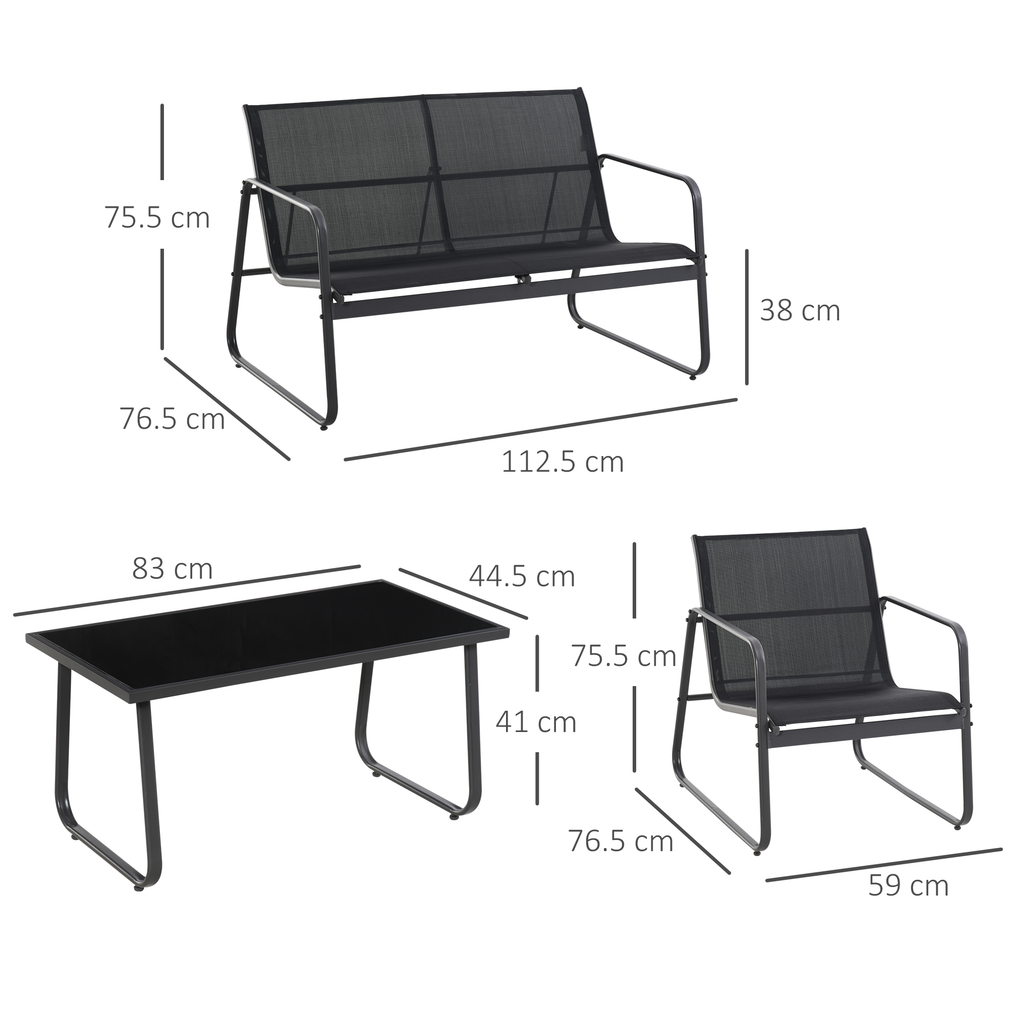 Un set di mobili da esterno neri con tavolo, panca e sedia, con dimensioni.