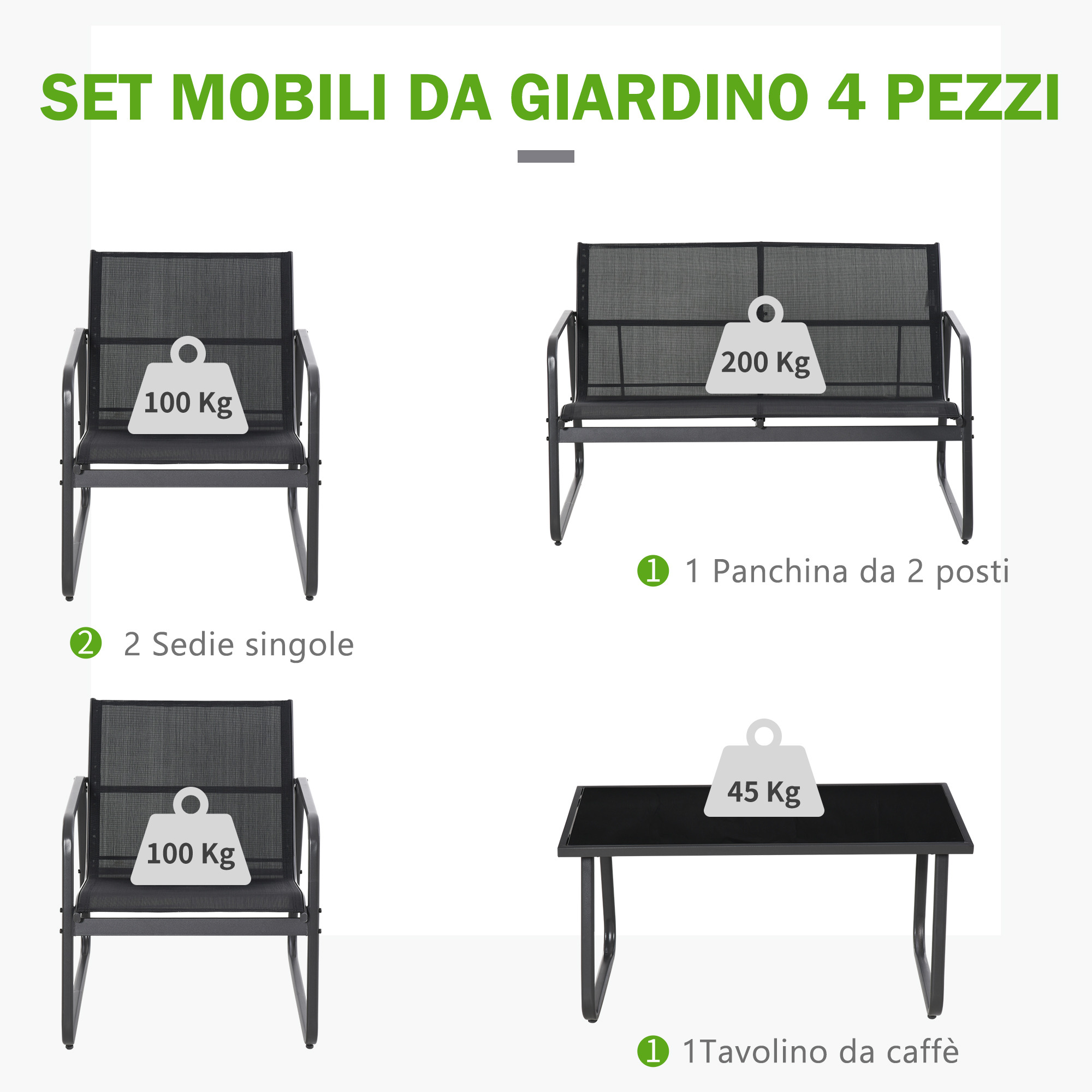 Un set di mobili da giardino con due sedie, una panchina e un tavolo.