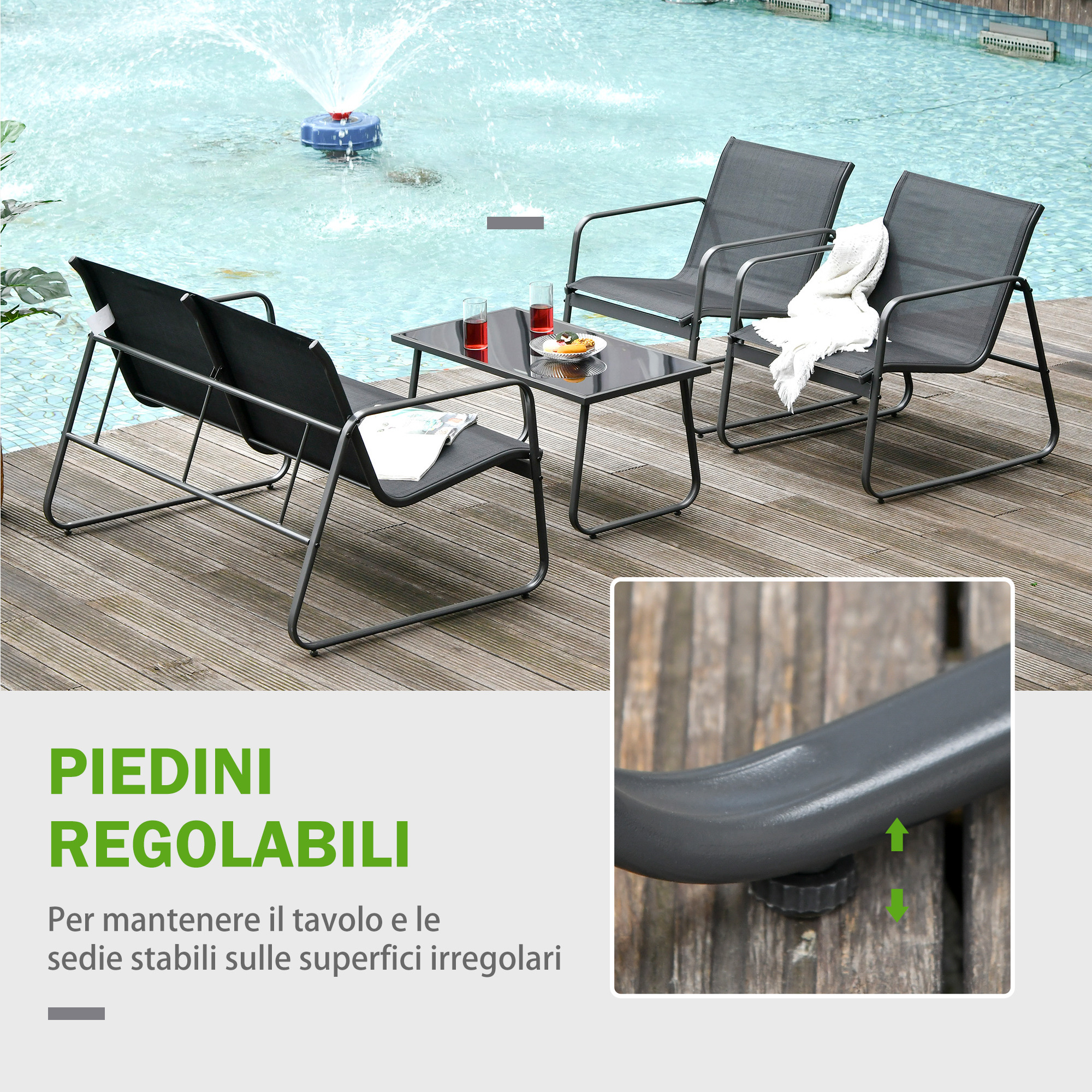 Arredo giardino vicino piscina: tavolo con bicchieri, due sedie con asciugamano.