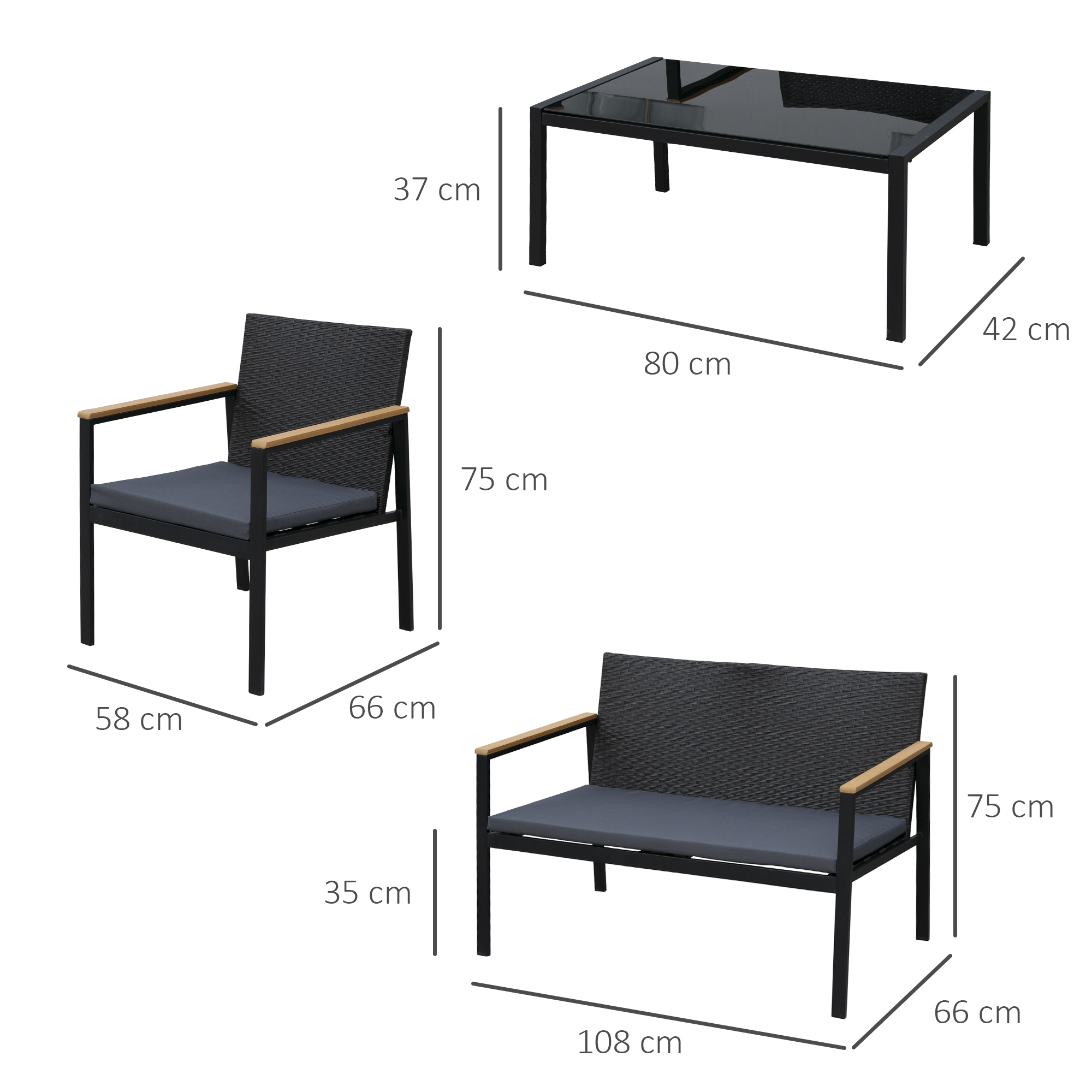 Set di mobili da esterno con tavolo, poltrona e panchina, dimensioni indicate.