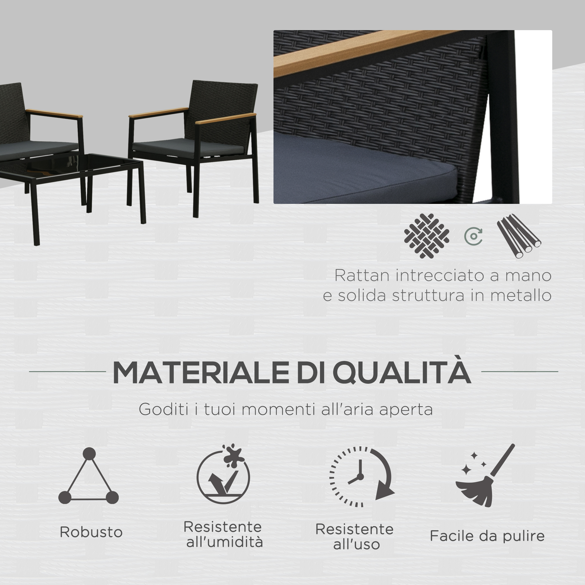 Mobili in rattan con telaio in metallo, robusti, resistenti all'umidità, durevoli, facili da pulire.