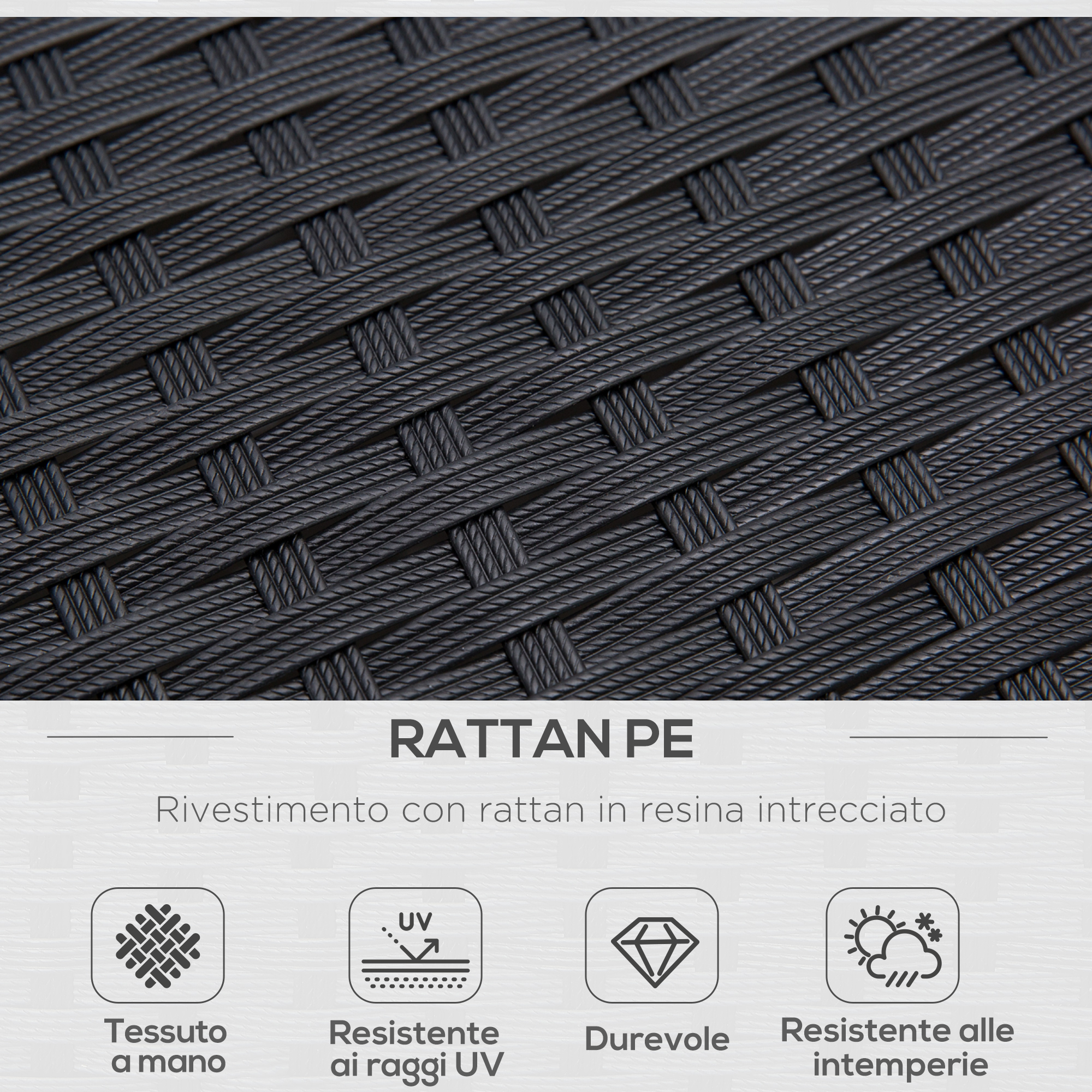 Primo piano di intreccio in rattan PE nero con icone: tessuto a mano, resistente UV, durevole.