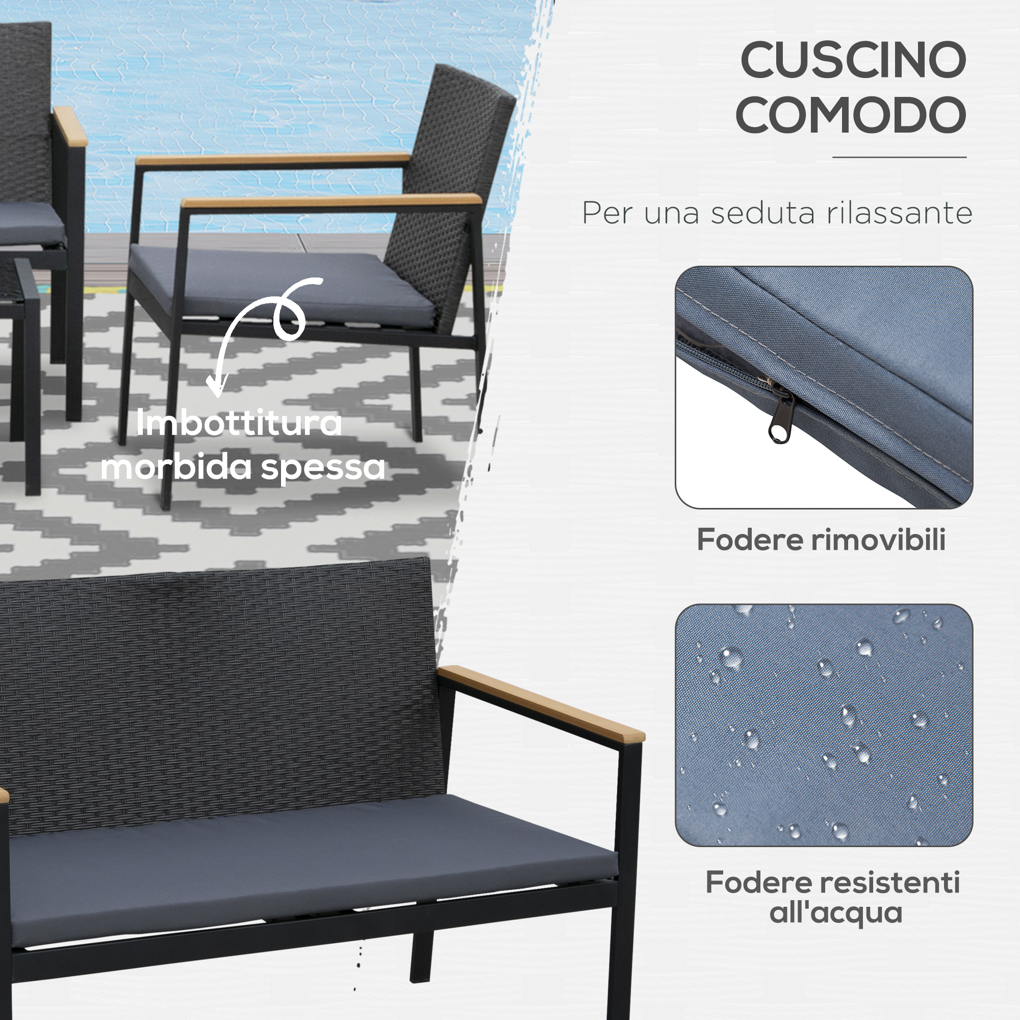 Arredo giardino con cuscini, fodere rimovibili e resistenti all'acqua.
