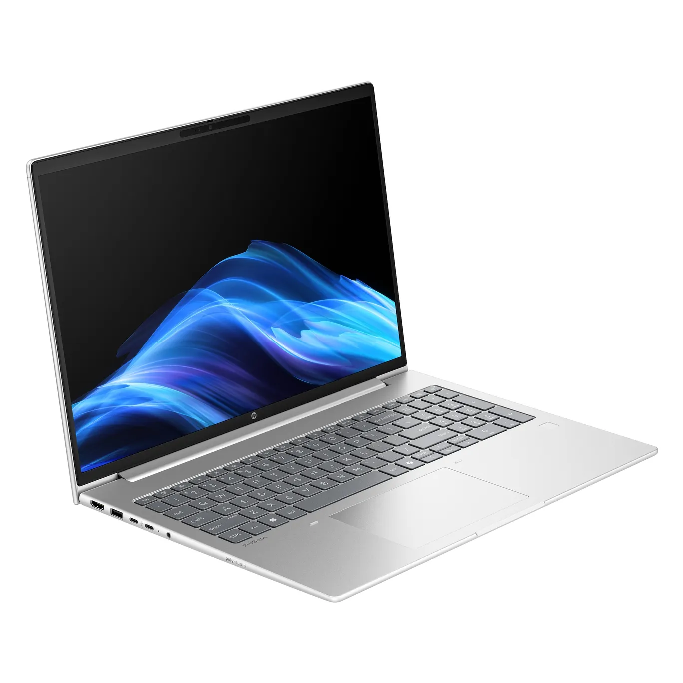 Silberner HP ProBook Laptop geöffnet, zeigt Tastatur und Bildschirm mit blauen Wellen.