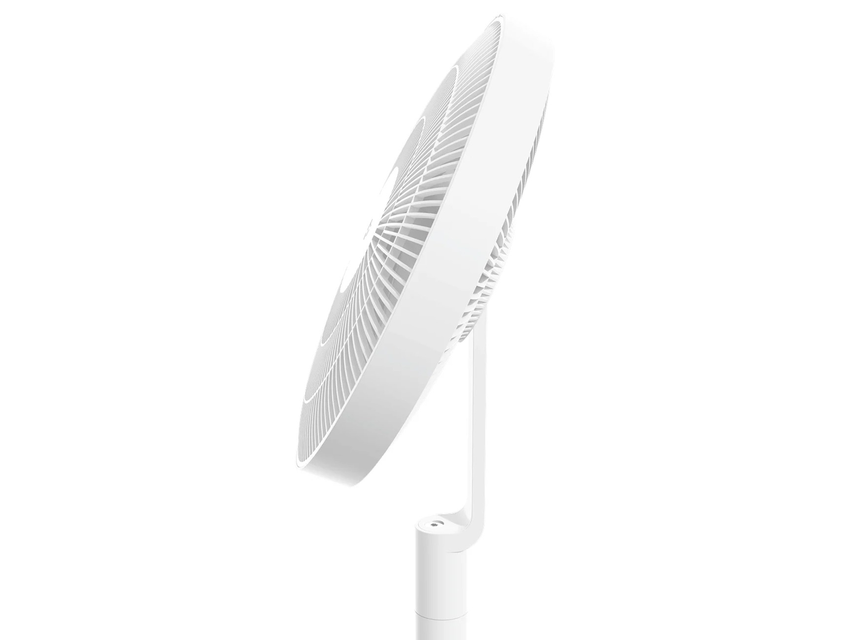 Ein weißer Standventilator im Profil auf weißem Hintergrund.