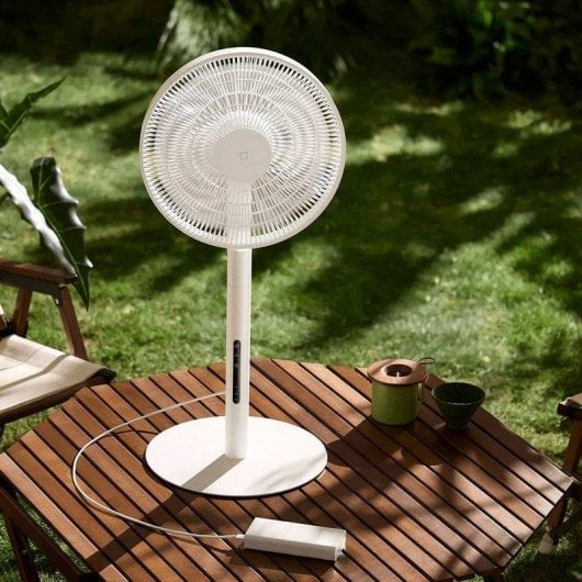 Ein weißer Standventilator auf einem Holztisch im Freien, mit Powerbank und Grünzeug.