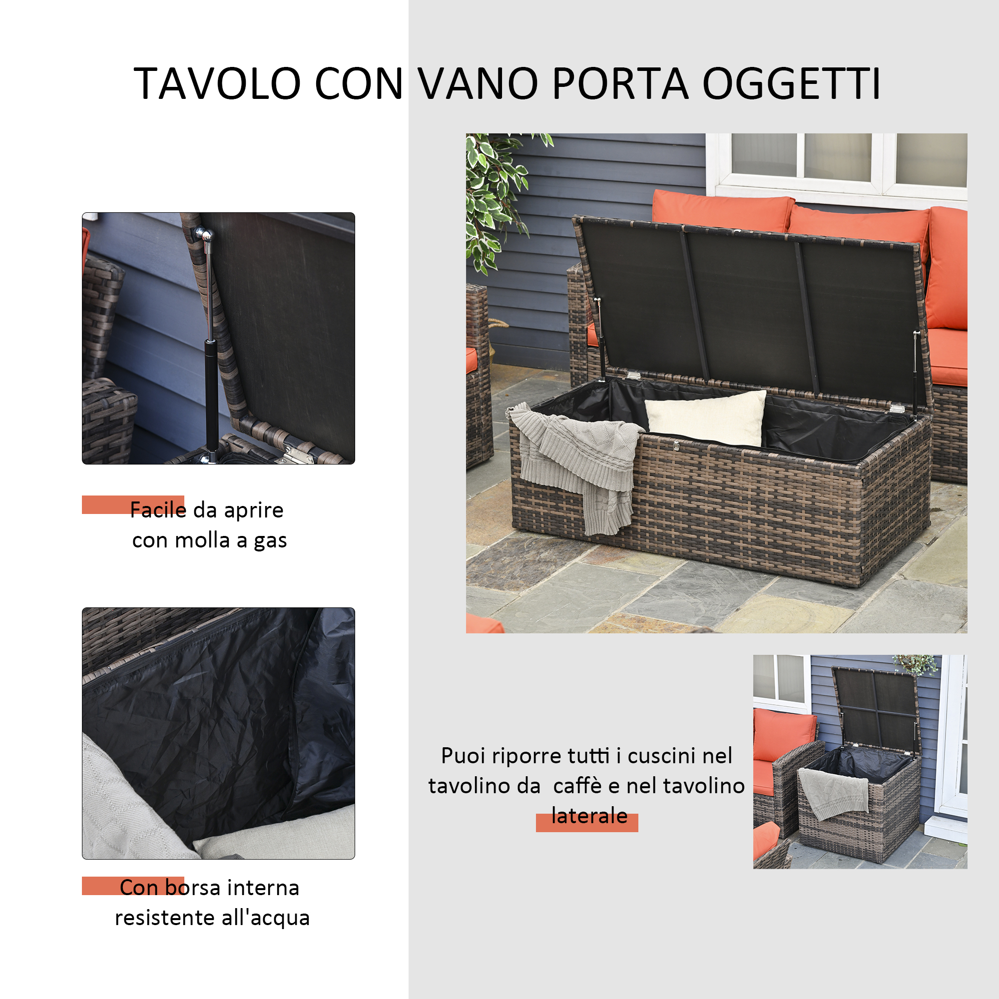 Tavolino in rattan con coperchio aperto, cuscini e coperta all'interno.