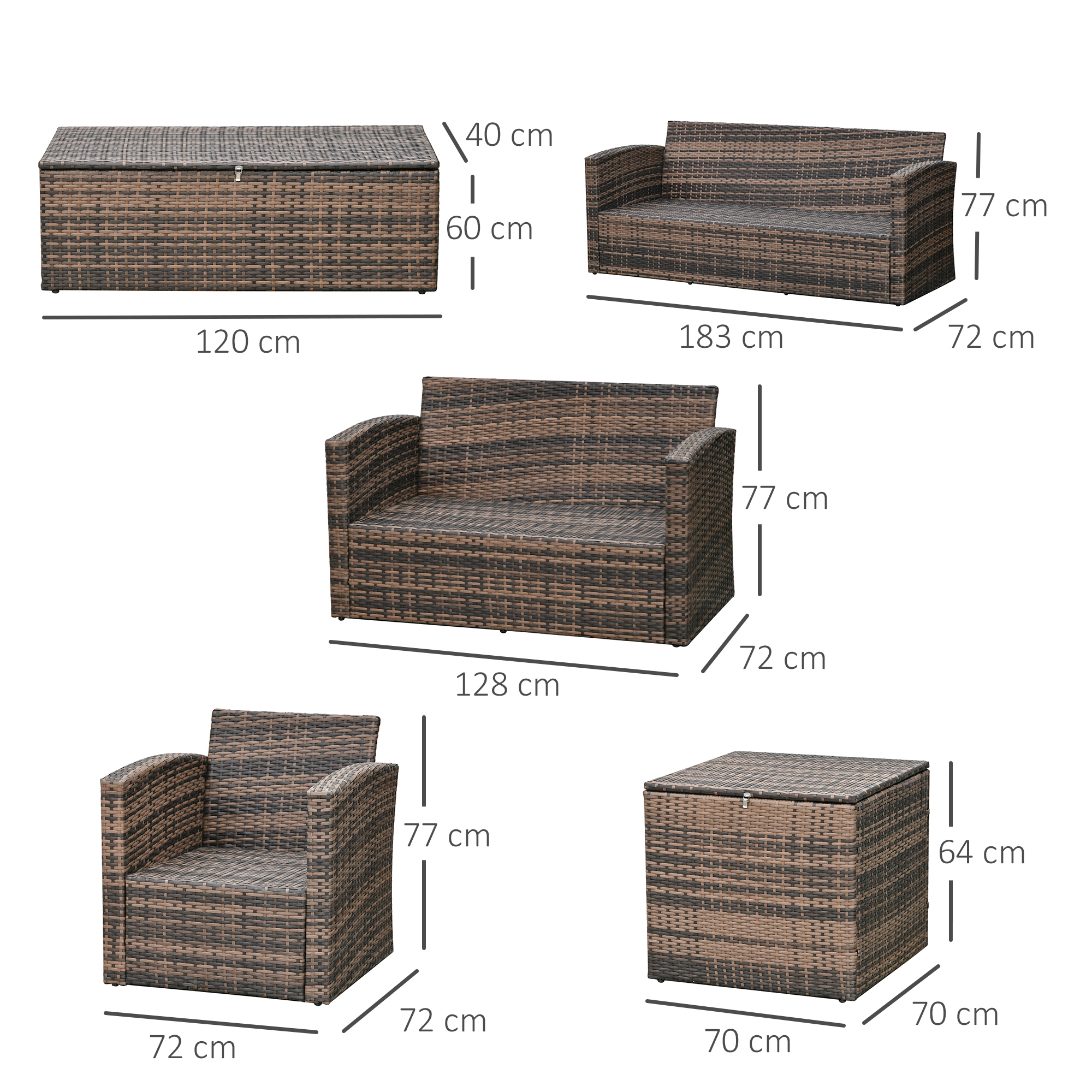 Divano, poltrona, cassa e tavolo in rattan marrone con dimensioni.