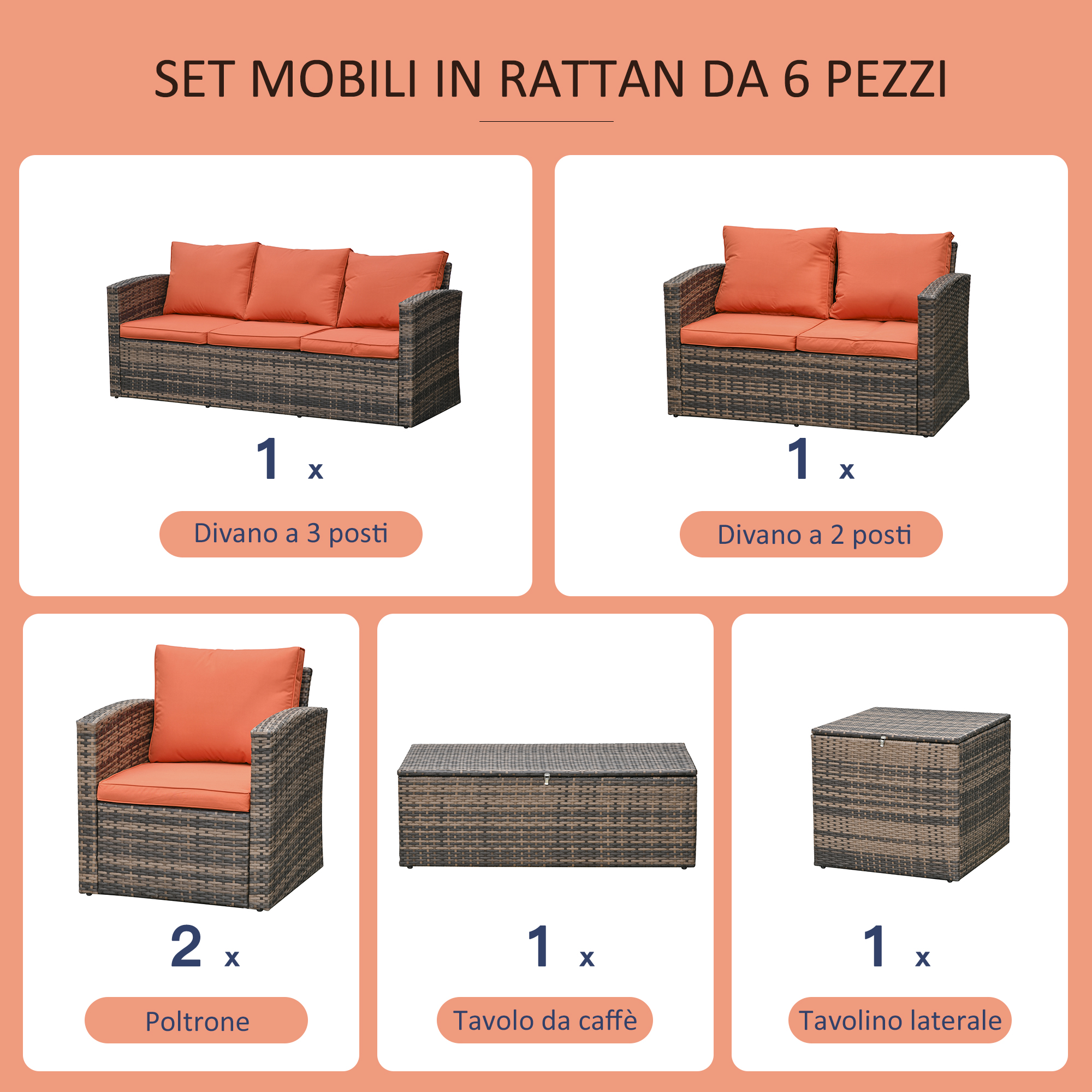 Un set di mobili in rattan da 6 pezzi con divano, poltrone e tavoli.