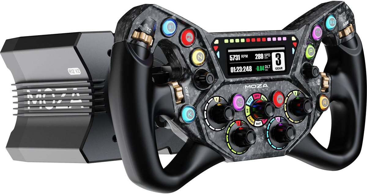 Un volante de carreras con pantalla digital y muchos botones. Un módulo negro está a la izquierda.