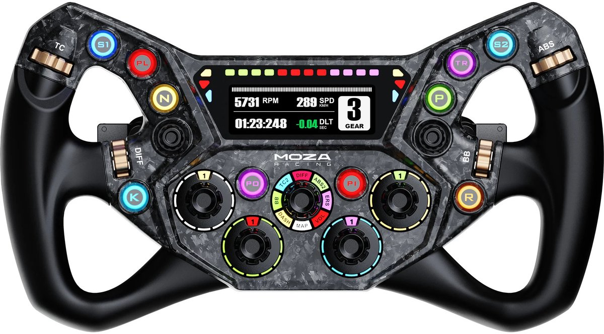Un volante negro Moza Racing con pantalla digital y numerosos botones.