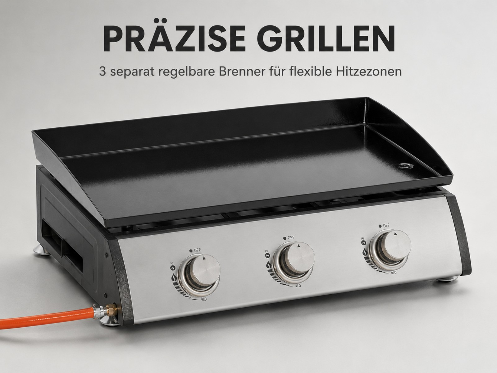 Ein Gasgrill mit drei separat regelbaren Brennern und einer schwarzen Grillplatte.