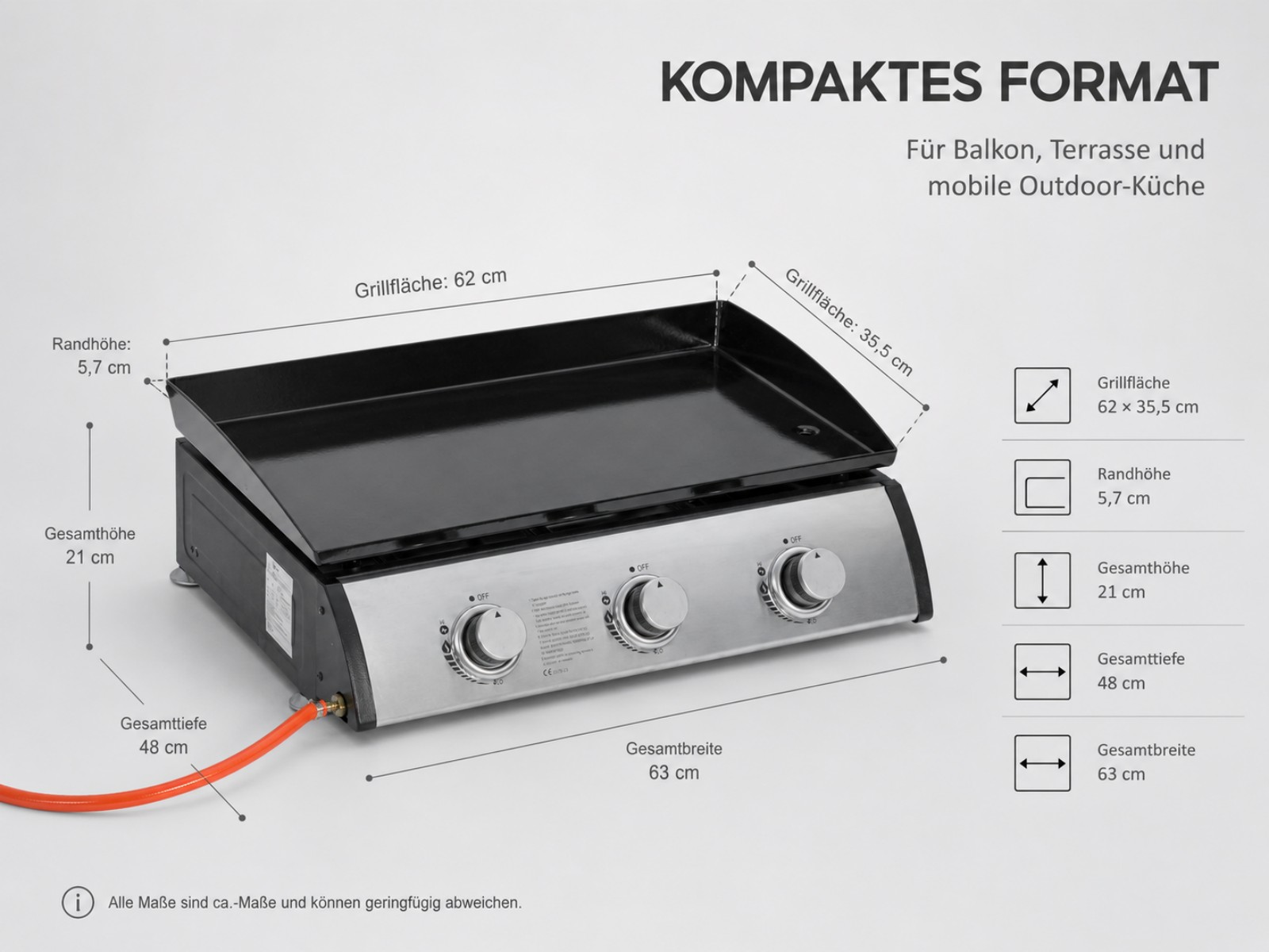 Kompakter Gasgrill mit drei Reglern, Maße angegeben: Grillfläche 62x35,5cm.