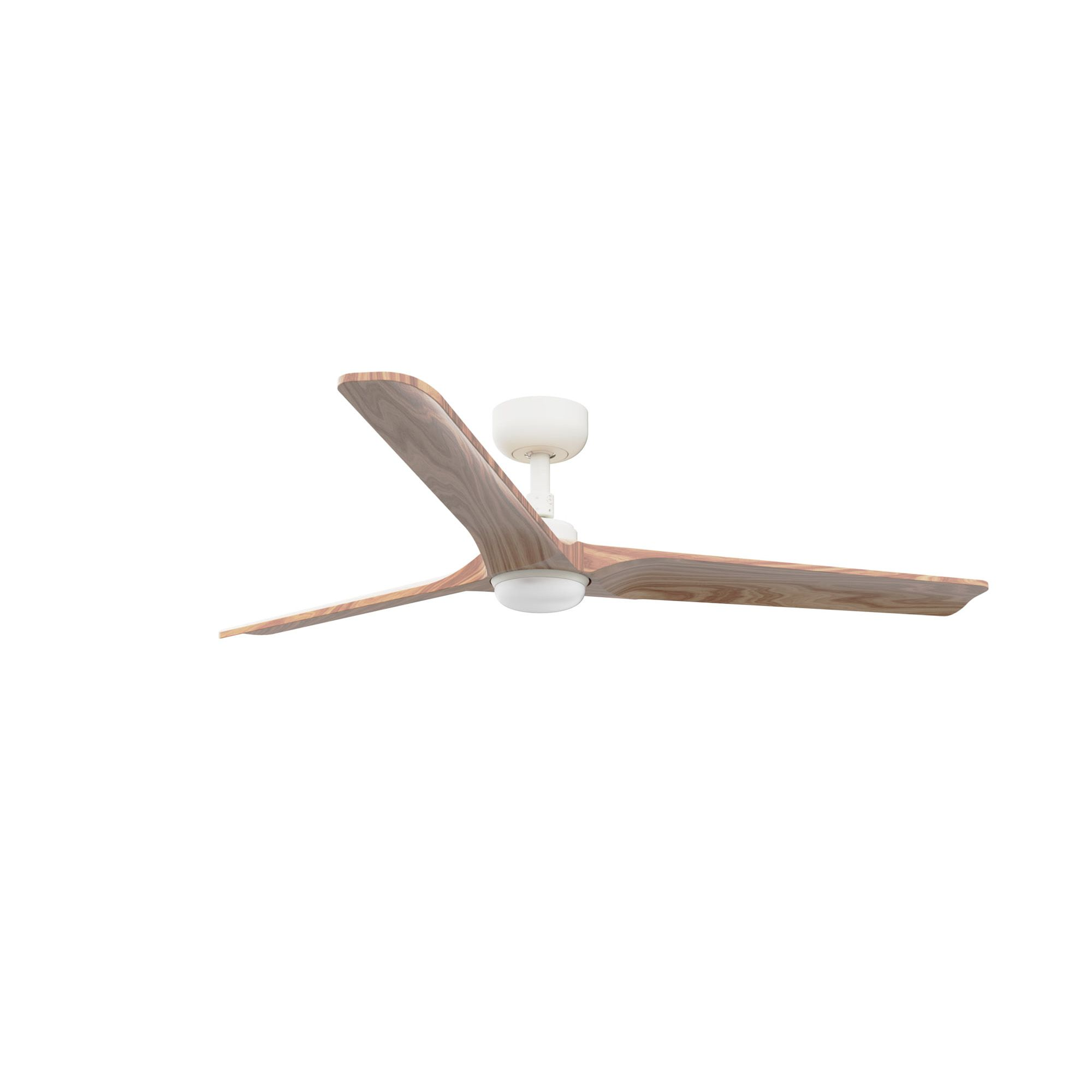 Ein moderner Deckenventilator mit drei Holzflügeln und integrierter Leuchte.