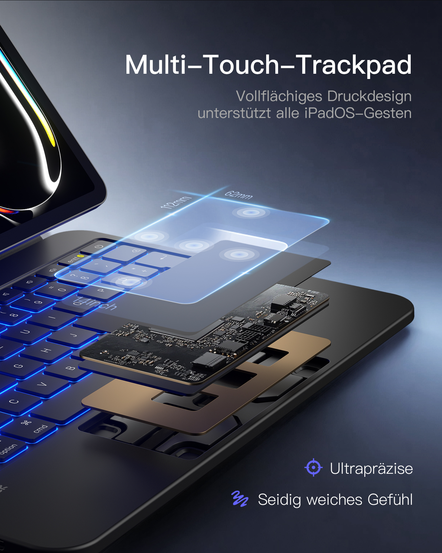 Explosionsansicht eines Laptops mit beleuchteter Tastatur und Trackpad.