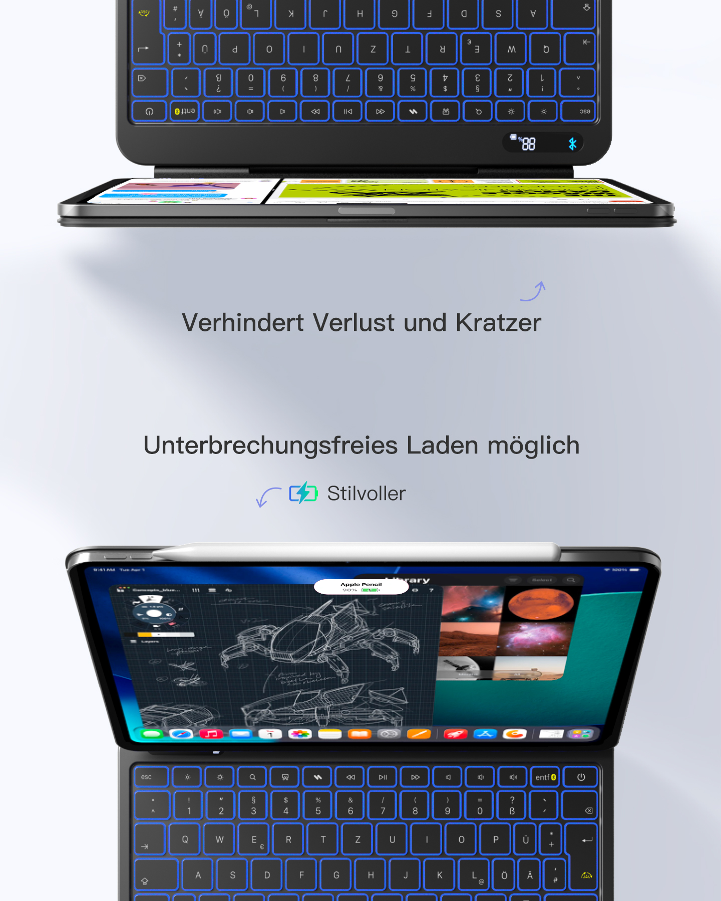 Ein Tablet mit Tastatur und Stift, das Designs anzeigt.