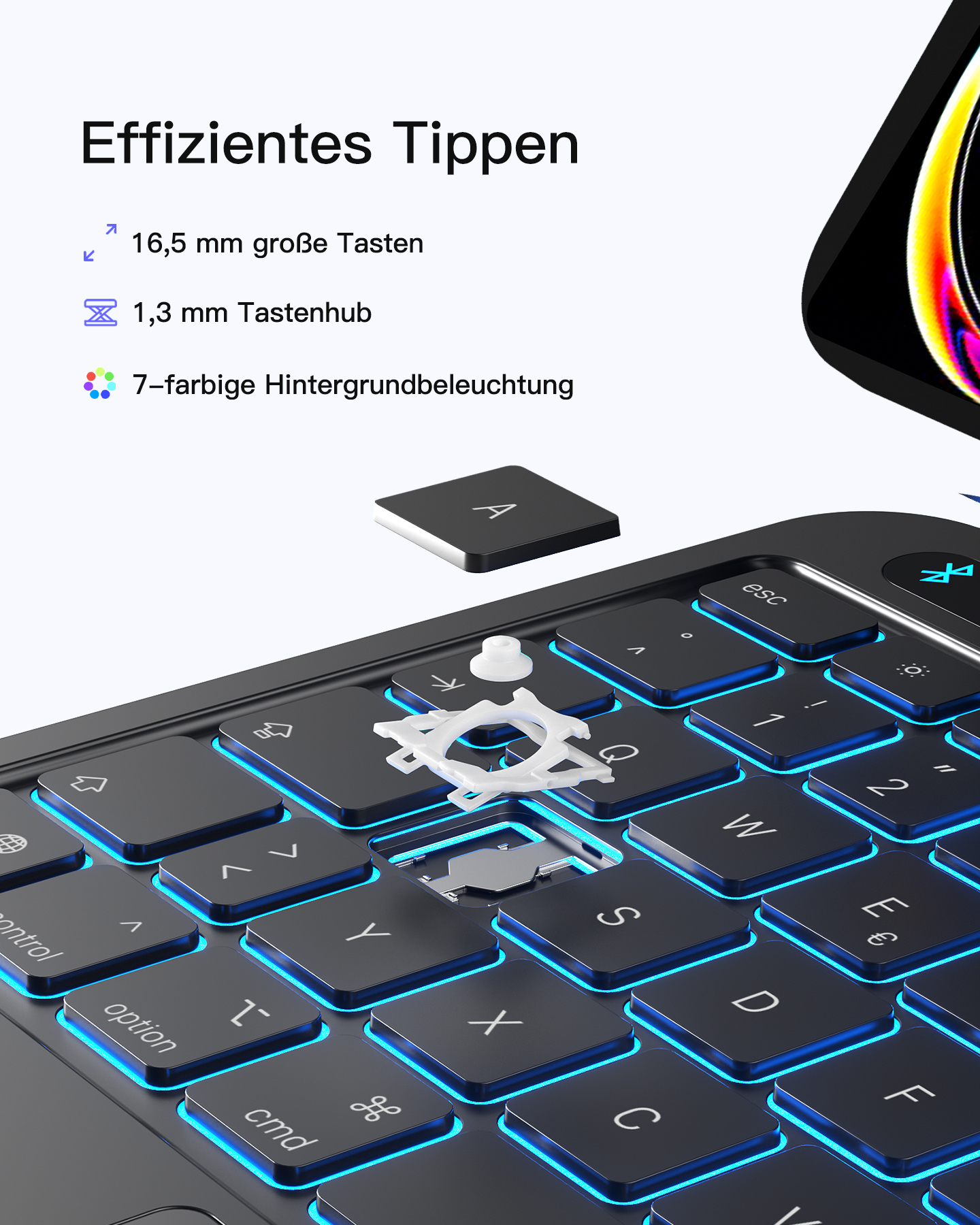 Ein schwarzes Keyboard mit blauer Hintergrundbeleuchtung und Text.