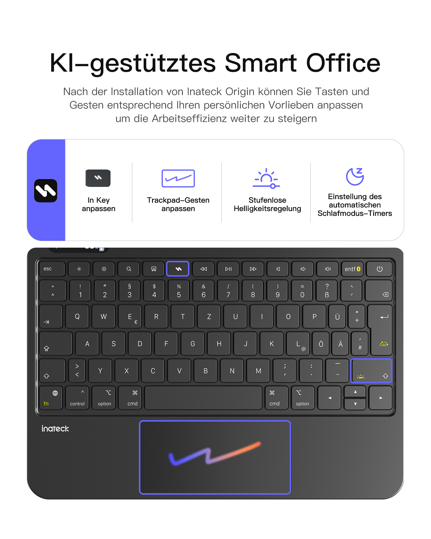 Ein schwarzes Keyboard mit Touchpad und Icons für Tastenanpassung, Gesten, Helligkeit und Timer.