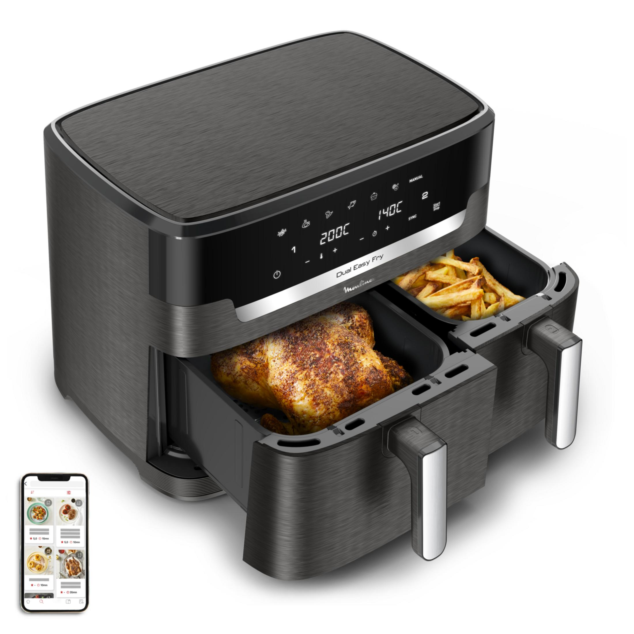 Doppel-Heißluftfritteuse mit Brathähnchen und Pommes, daneben ein Smartphone mit Rezepten.