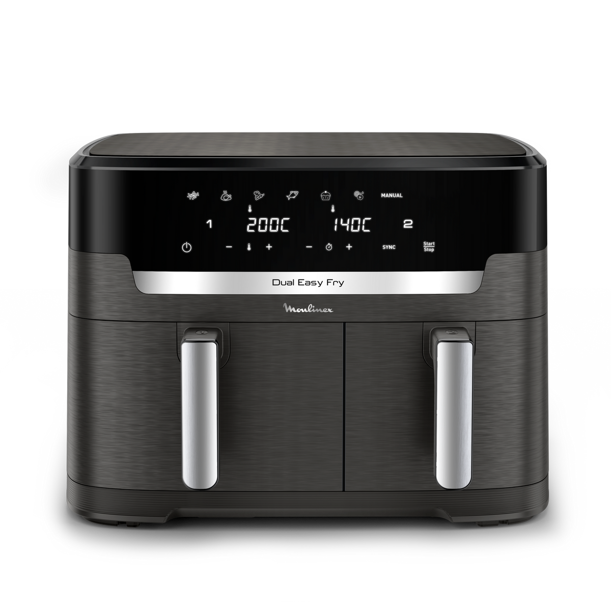 Schwarze Moulinex Heißluftfritteuse mit zwei Fächern und digitaler Anzeige.