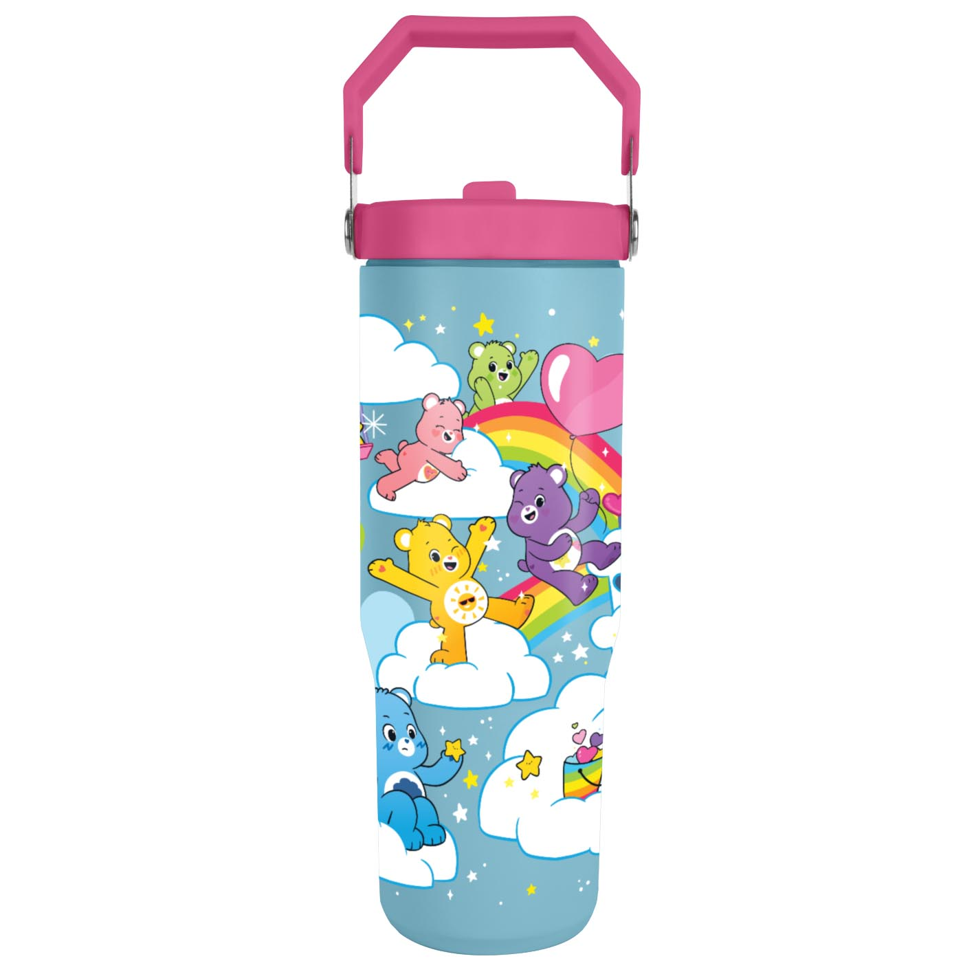 Hellblaue Trinkflasche mit rosa Griff und Deckel, zeigt Care Bears auf Wolken, Regenbogen und Herzballon.