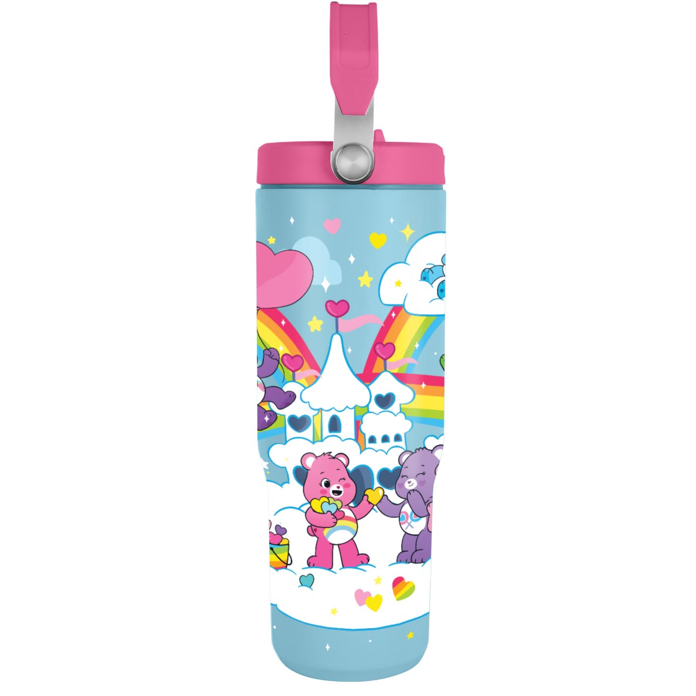 Hellblaue Flasche mit Care Bears-Motiv: Ein rosa und ein violetter Bär vor einem Schloss.