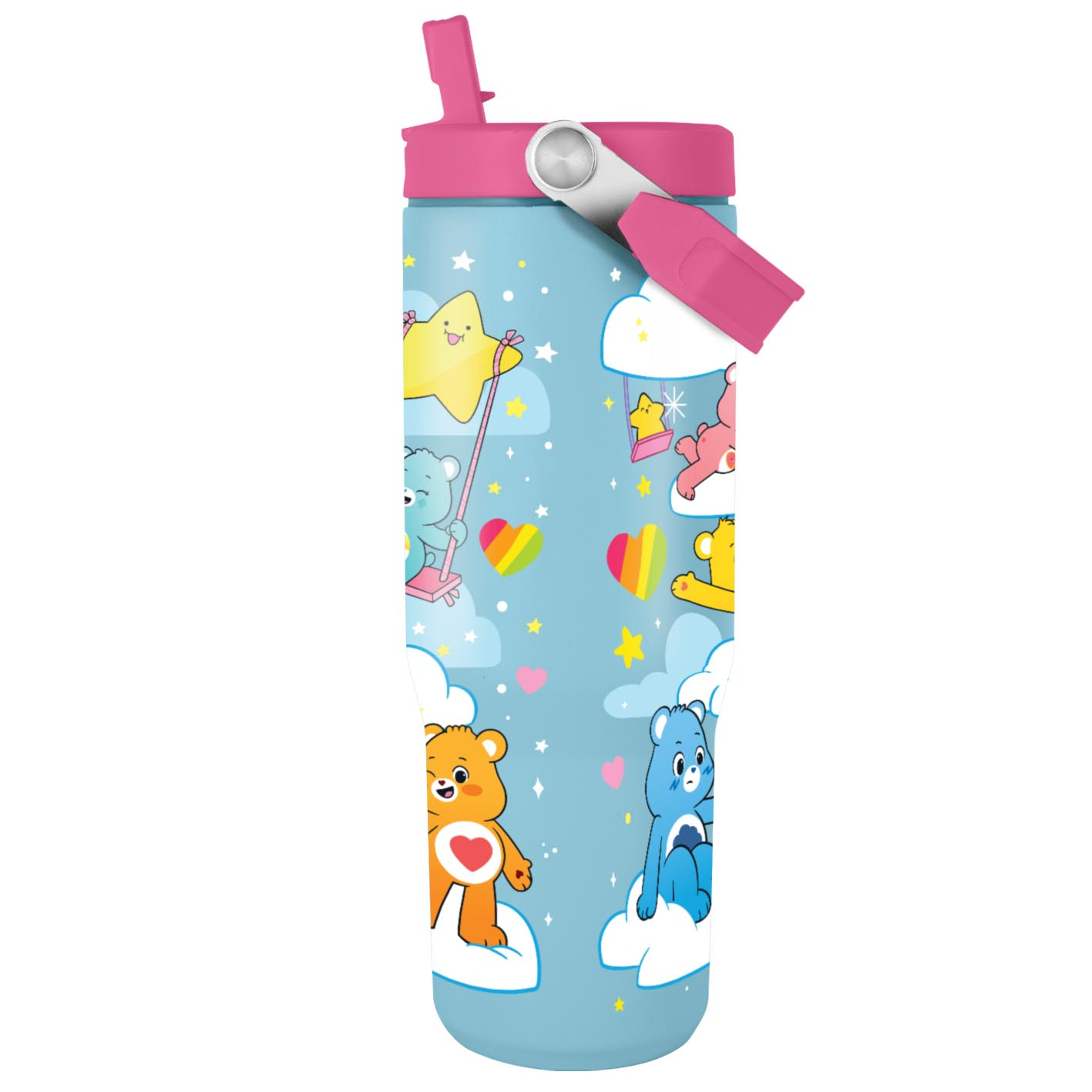 Hellblaue Trinkflasche mit Care Bears-Motiv, Sternen, Wolken und Herzen.