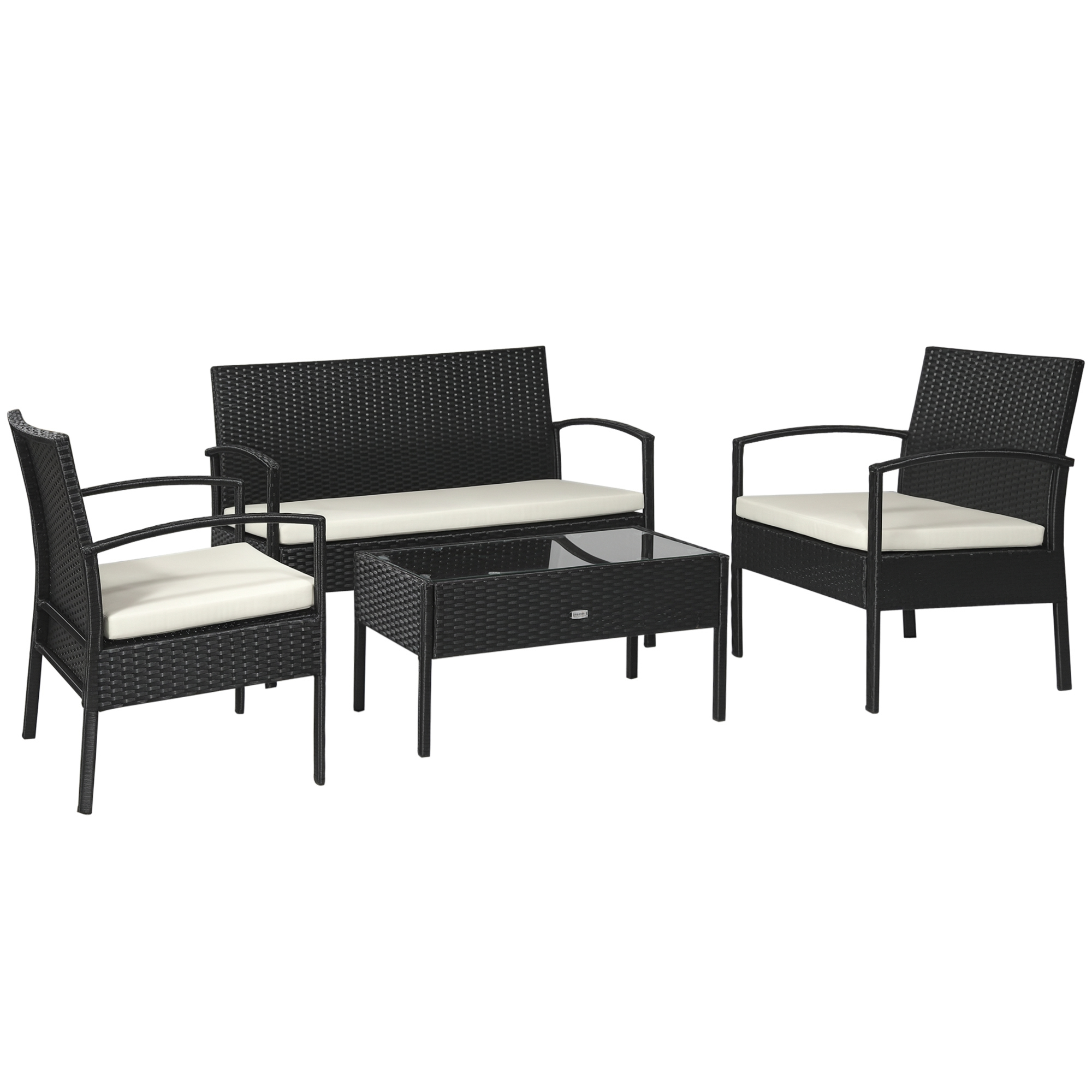Set di mobili in rattan nero con cuscini bianchi: divanetto, due poltrone, tavolino.