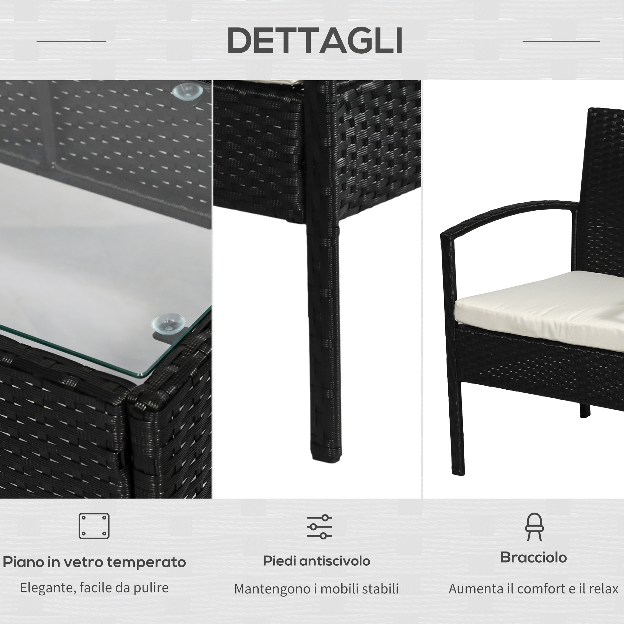 Dettagli: piano in vetro, piedi antiscivolo, bracciolo. Nero.