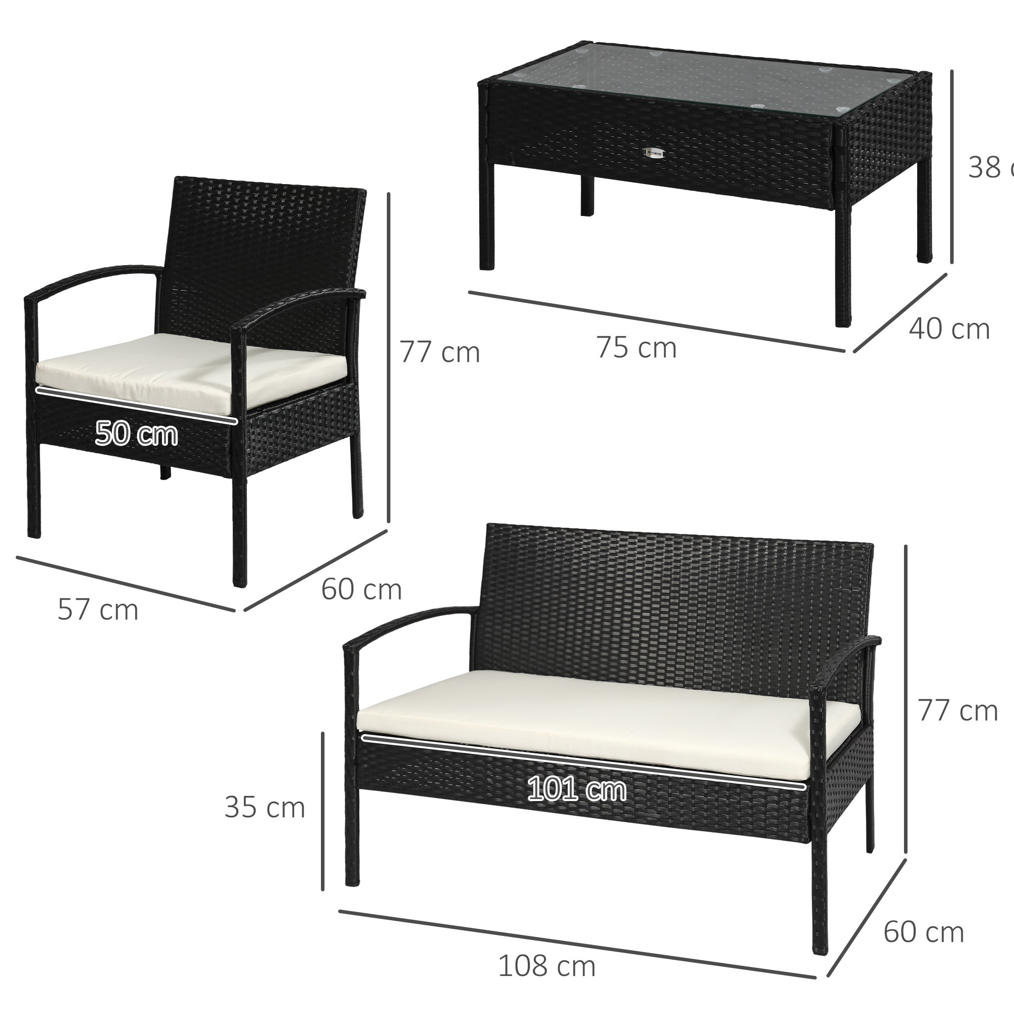 Set di mobili neri: Tavolo (75x40x38cm), Poltrona (57x60x77cm), Panchina (108x60x77cm).