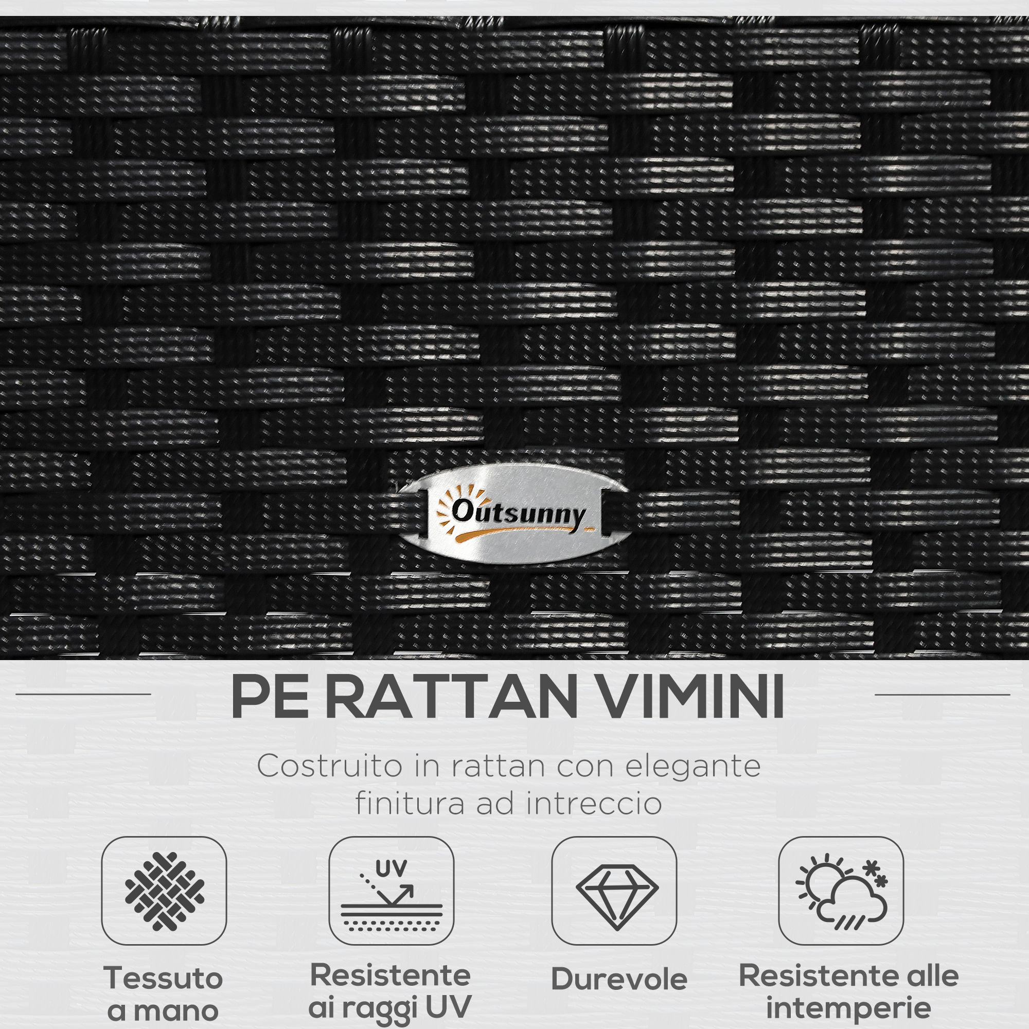 Primo piano di intreccio in rattan PE nero con logo e testo Outsunny.