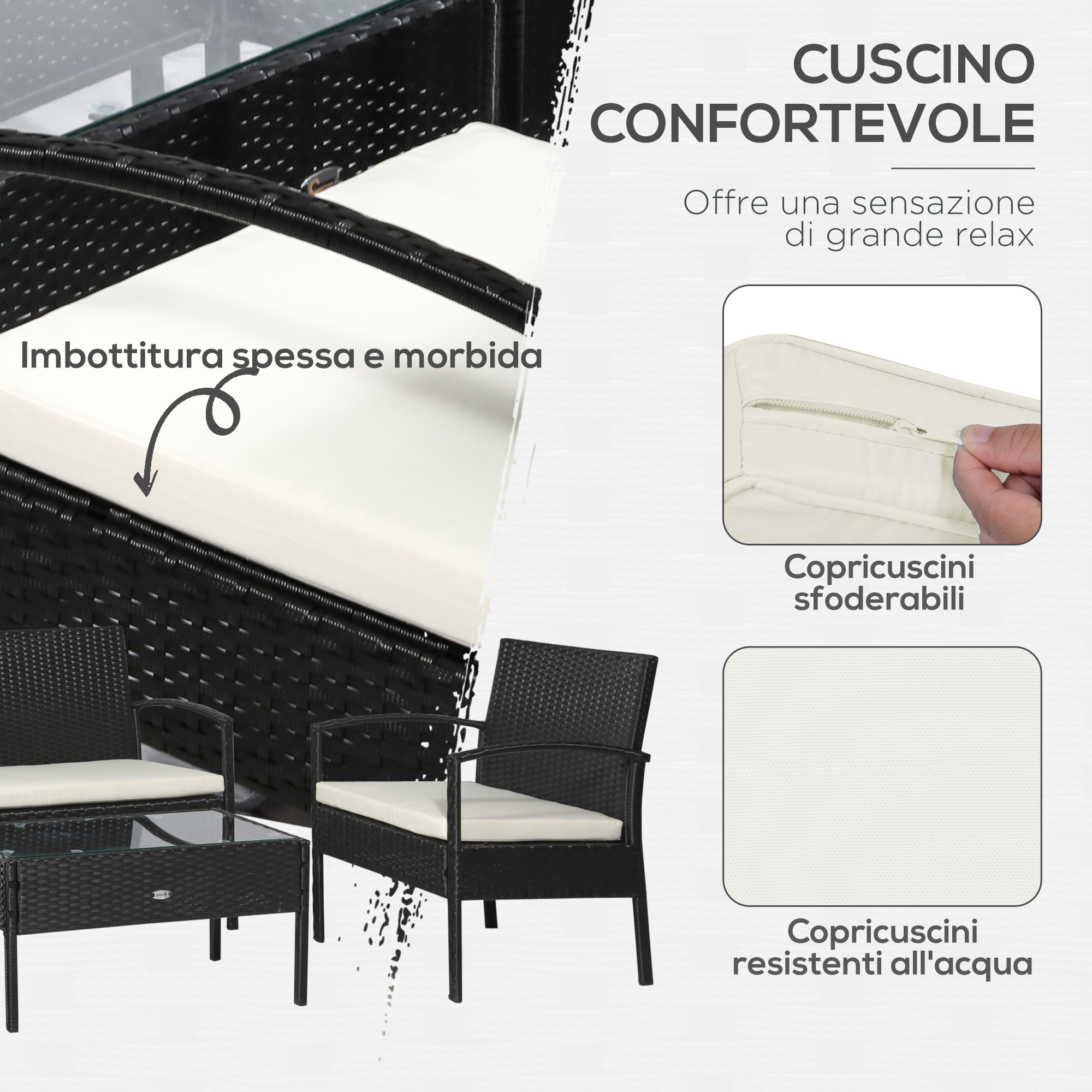 Divano in rattan nero con cuscini bianchi, fodere sfoderabili e resistenti.