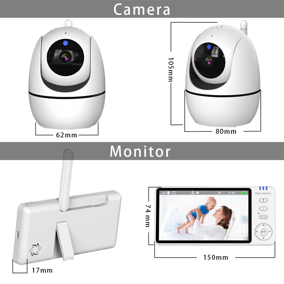 Babyphone Kamera und Monitor mit Maßen. Kamera weiß, 62x105mm. Monitor weiß, 150x74mm.