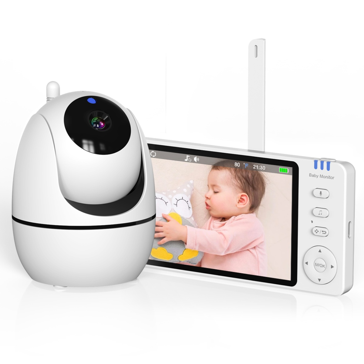 Ein weißer Babyfon-Monitor zeigt ein schlafendes Baby. Eine Kamera ist daneben.