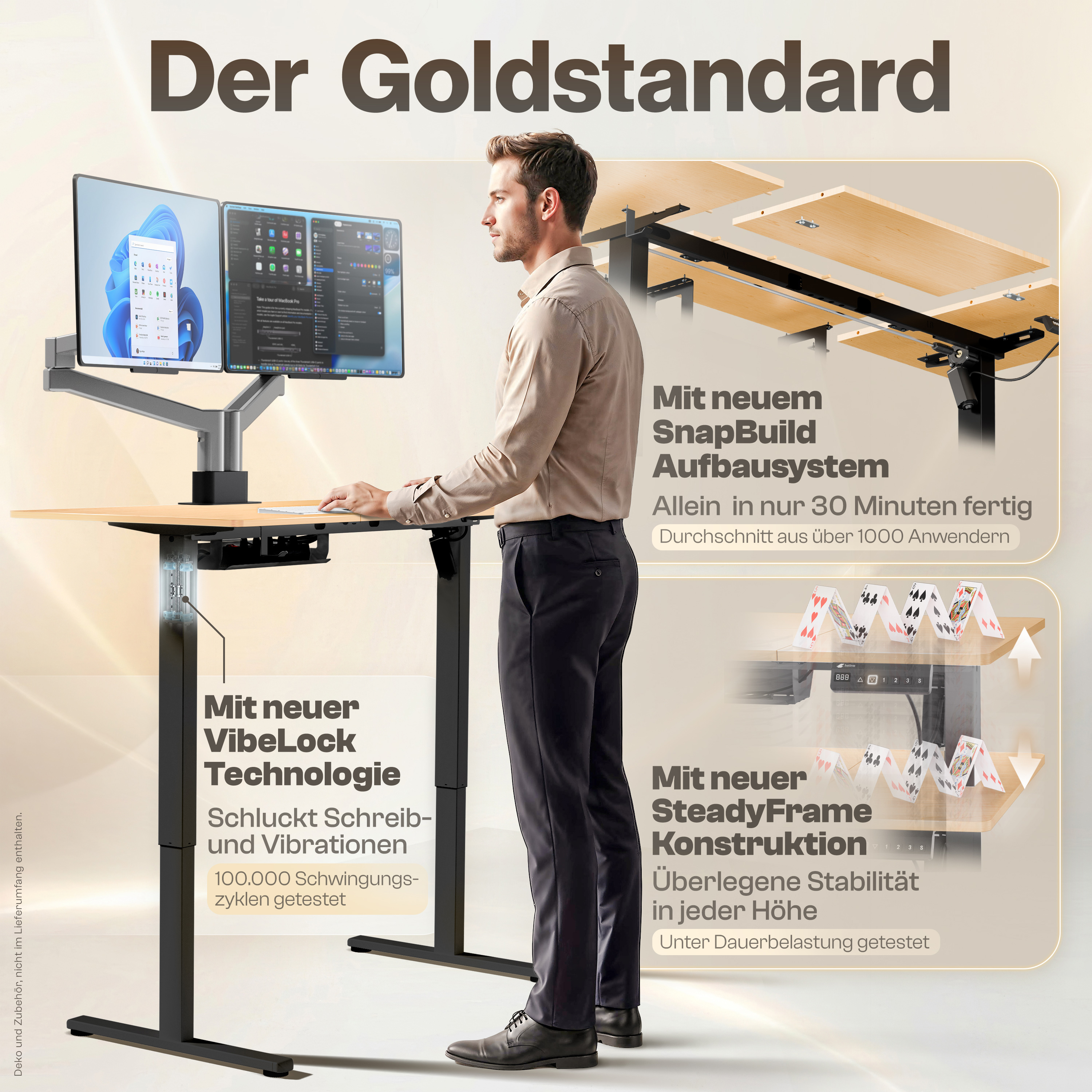 Mann steht an einem höhenverstellbaren Schreibtisch mit zwei Monitoren. Features: SnapBuild, VibeLock, SteadyFrame.