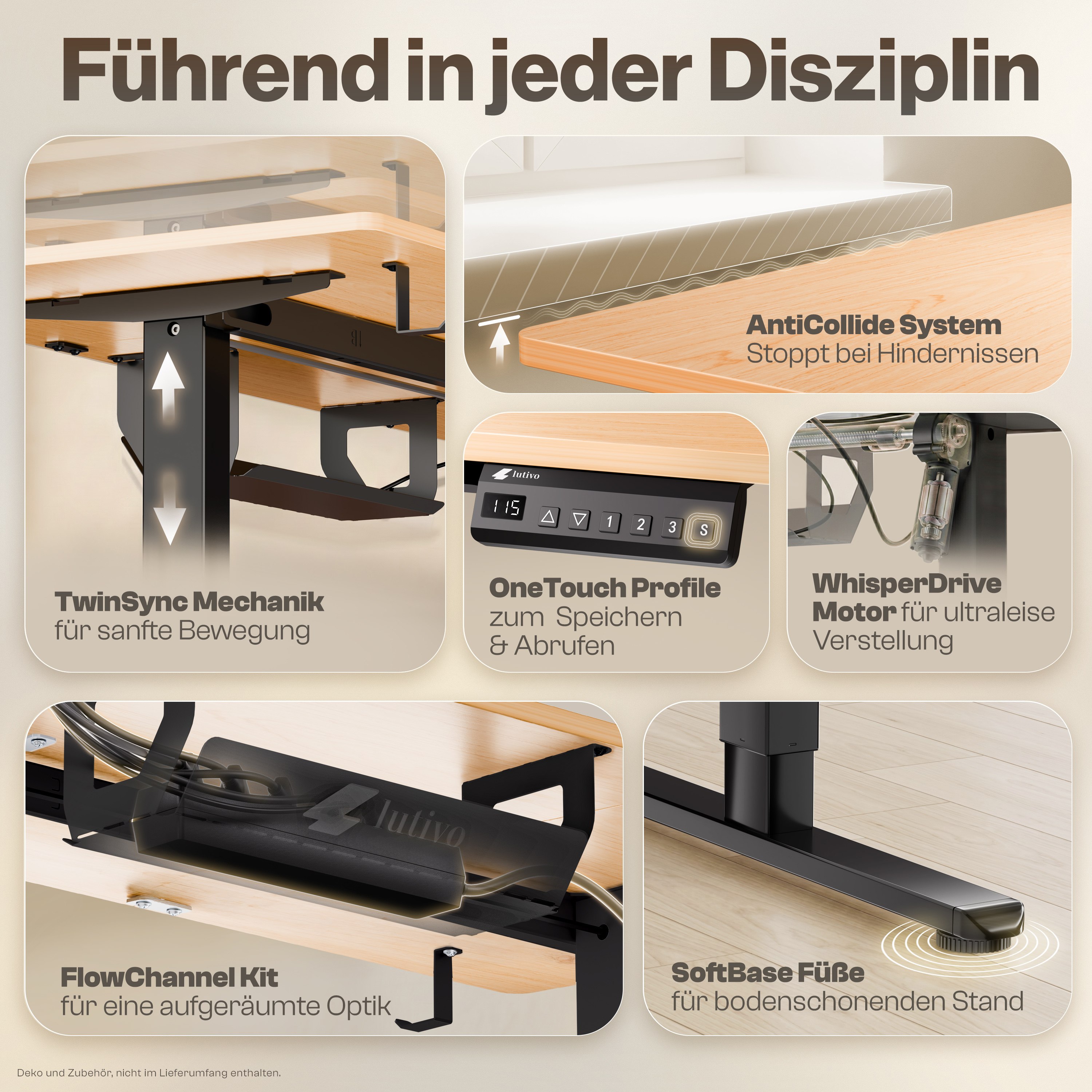 Ein Stehschreibtisch mit Holzplatte und schwarzen Metallbeinen, mit Details zu Mechanik und Steuerung.