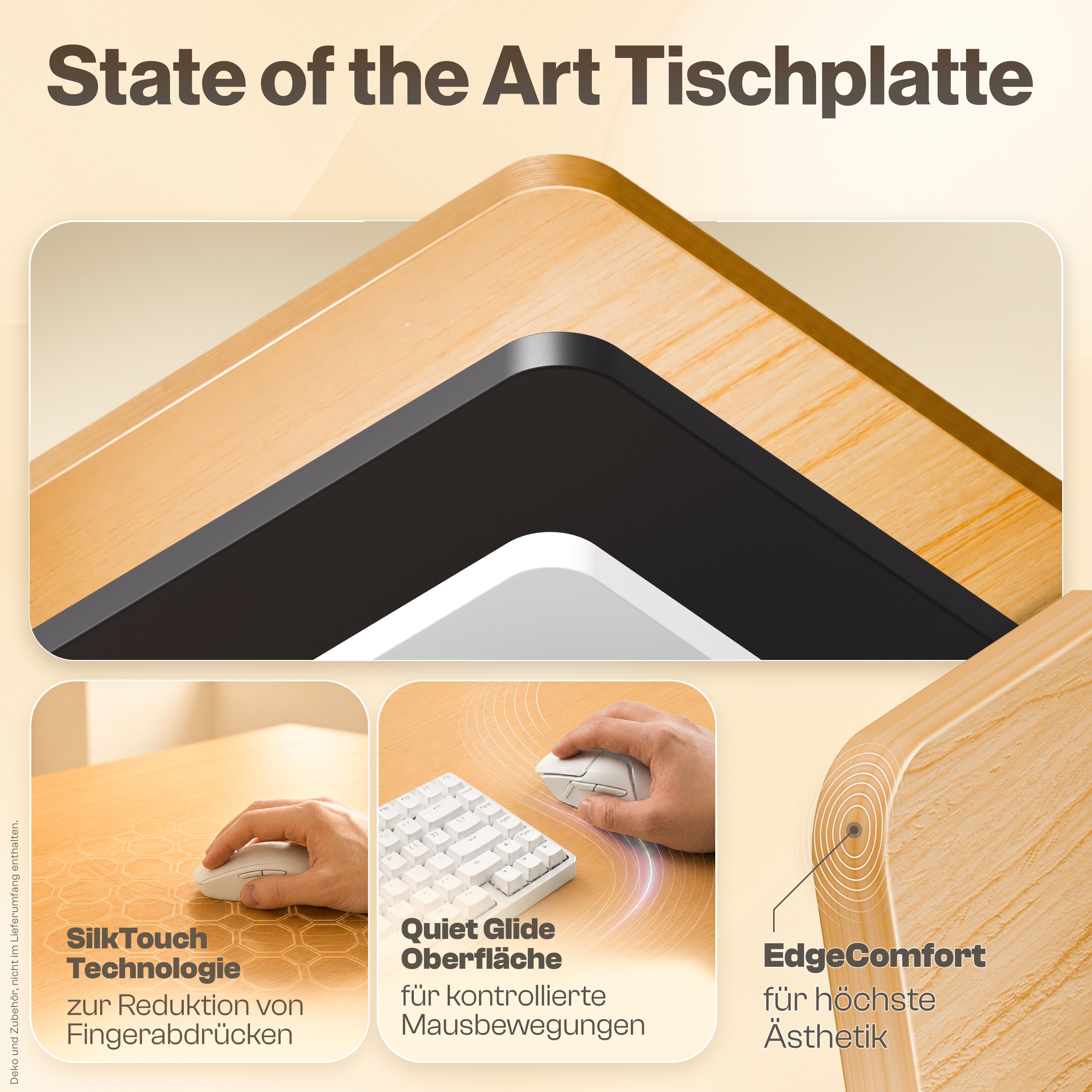 State of the Art Tischplatte mit drei detaillierten Ansichten: SilkTouch, Quiet Glide und EdgeComfort.