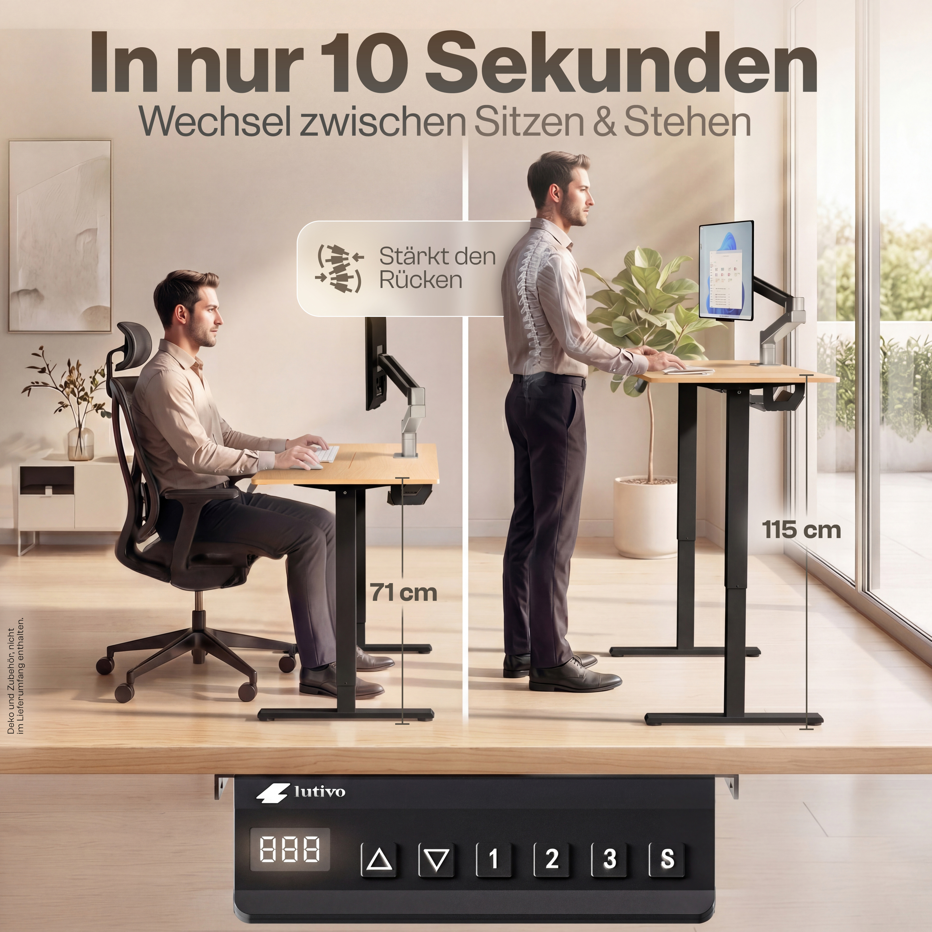 Ein Mann sitzt an einem Schreibtisch, dann steht er auf. Höhenverstellbarer Tisch.