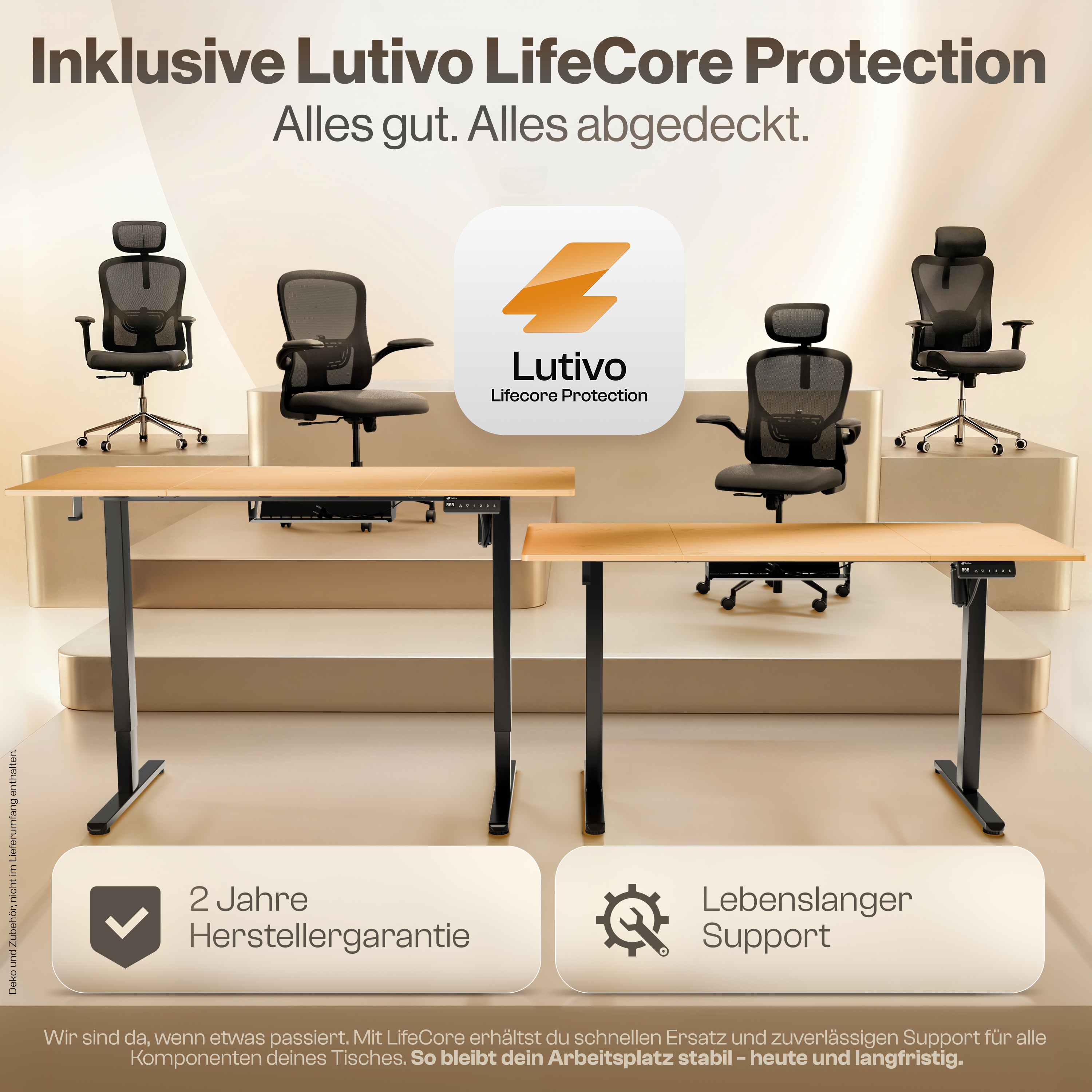 Bürostühle und höhenverstellbare Schreibtische mit Lutivo LifeCore Protection.
