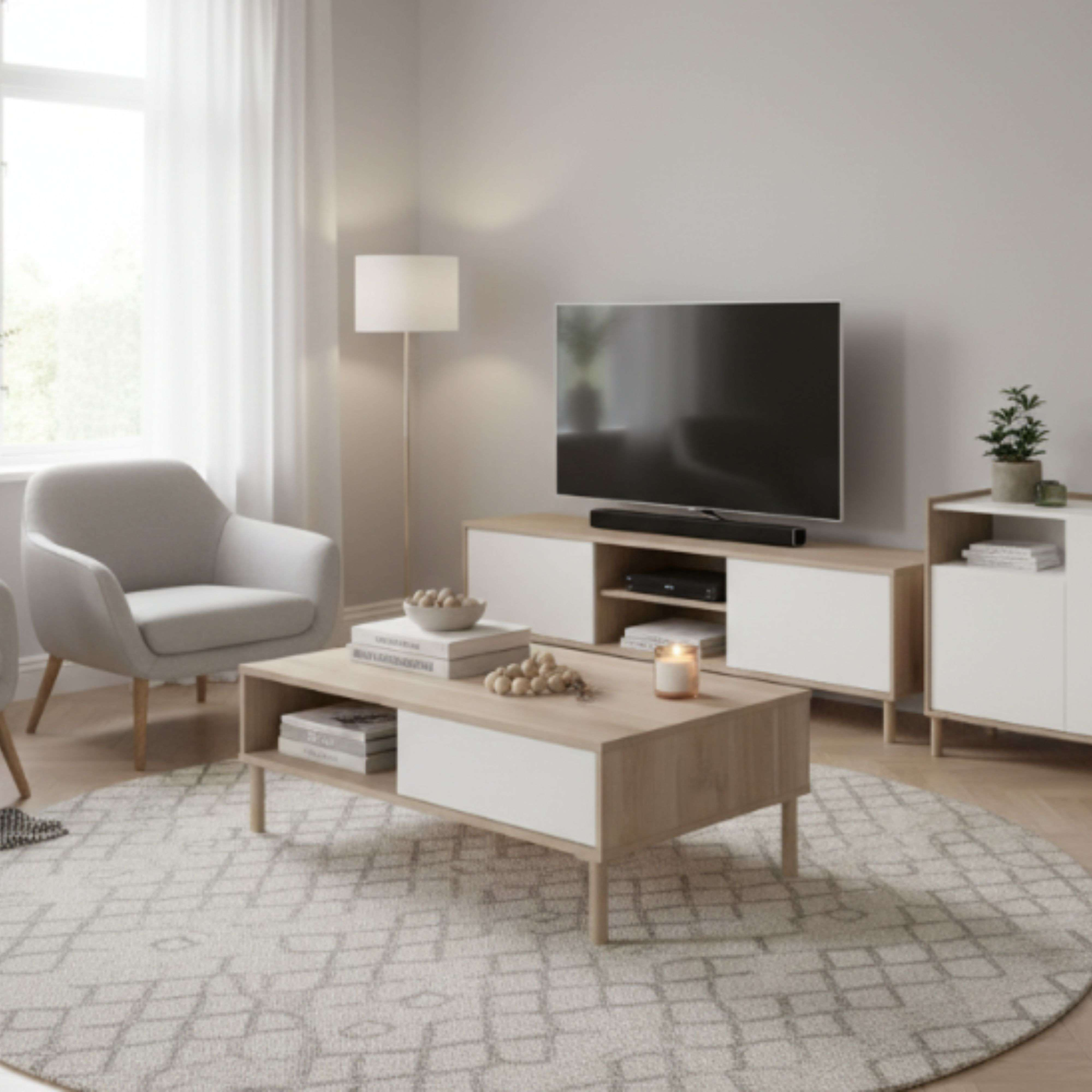 Una sala de estar luminosa con sillón, mesa de centro, TV y alfombra.