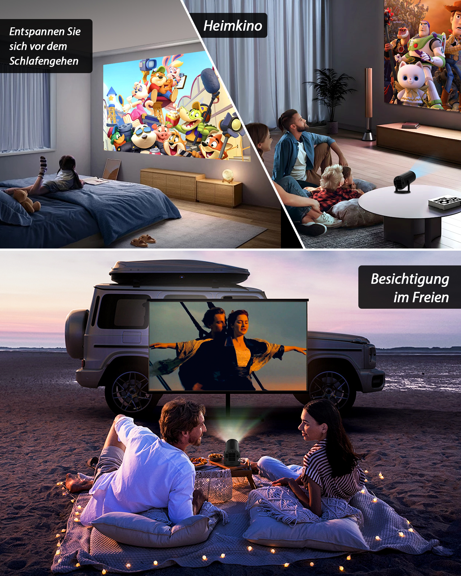 Familie schaut Filme im Wohnzimmer und draußen am Strand mit einem Beamer.